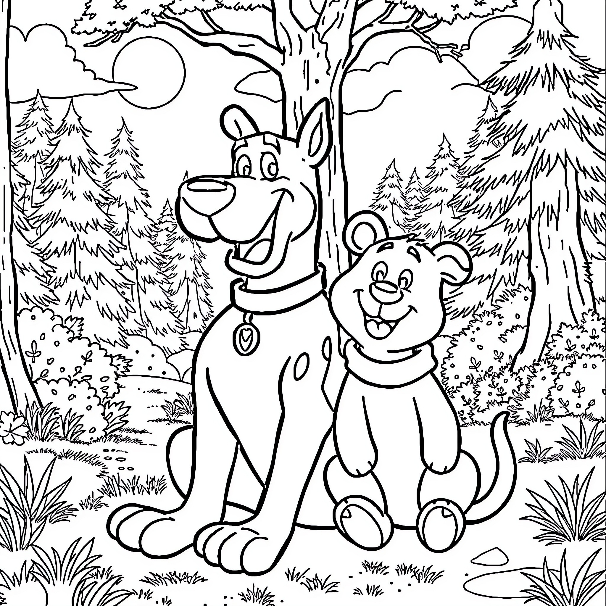 Scooby Doo and Teddy Bear Exploring the Enchanted Forest Coloring Page (free black-and-white line drawing printable PDF for all, from beginners to advanced learners, including children, teens, adults, and seniors)