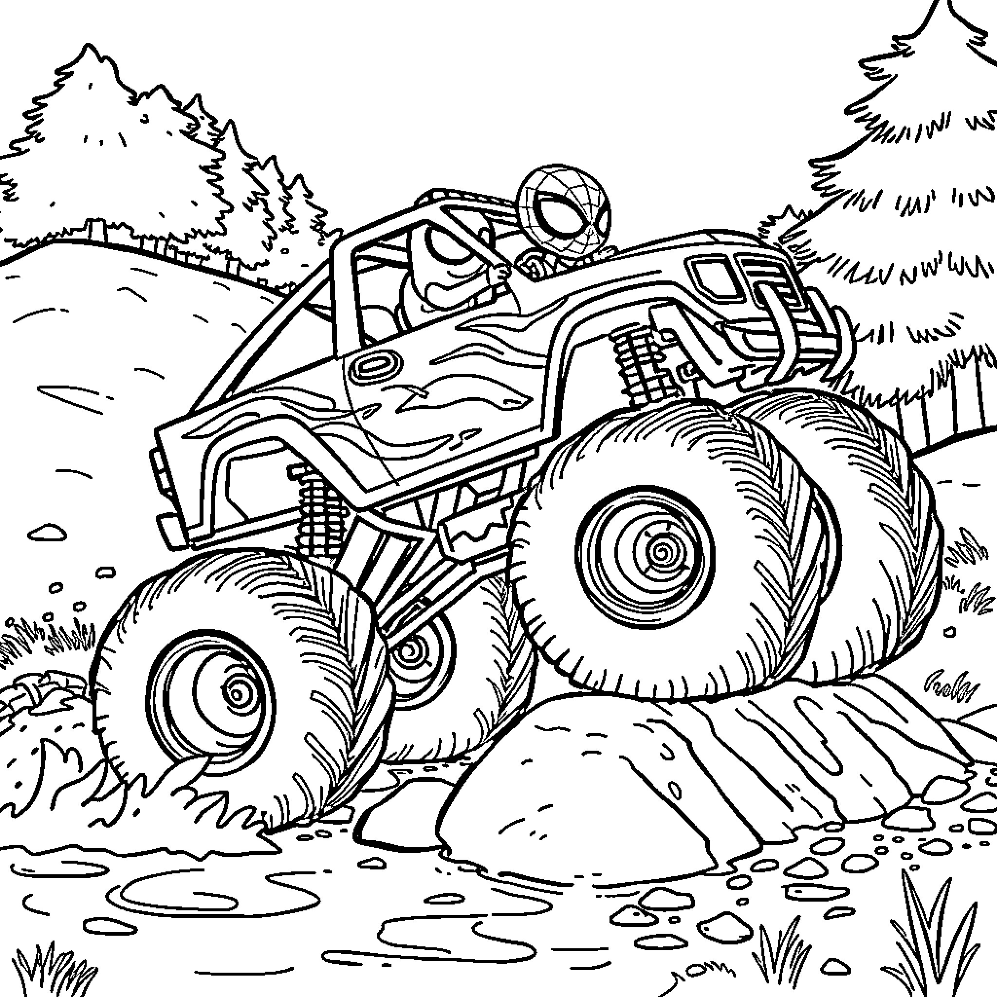 Monster Truck Crushing Through Rugged Terrain Coloring Page (free black-and-white line drawing printable PDF for all, from beginners to advanced learners, including children, teens, adults, and seniors)