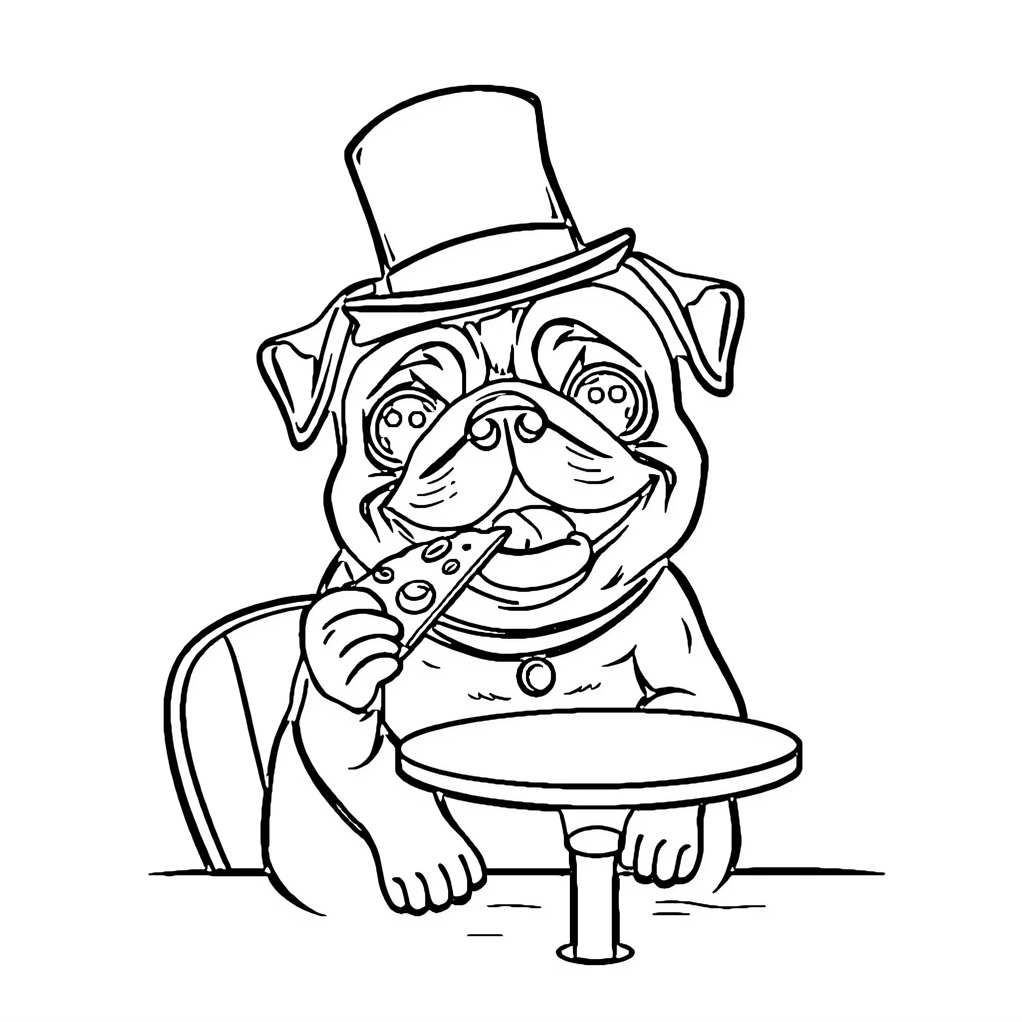 Pug dressed in formal attire enjoying a meal Coloring Page (free black-and-white line drawing printable PDF for all, from beginners to advanced learners, including children, teens, adults, and seniors)