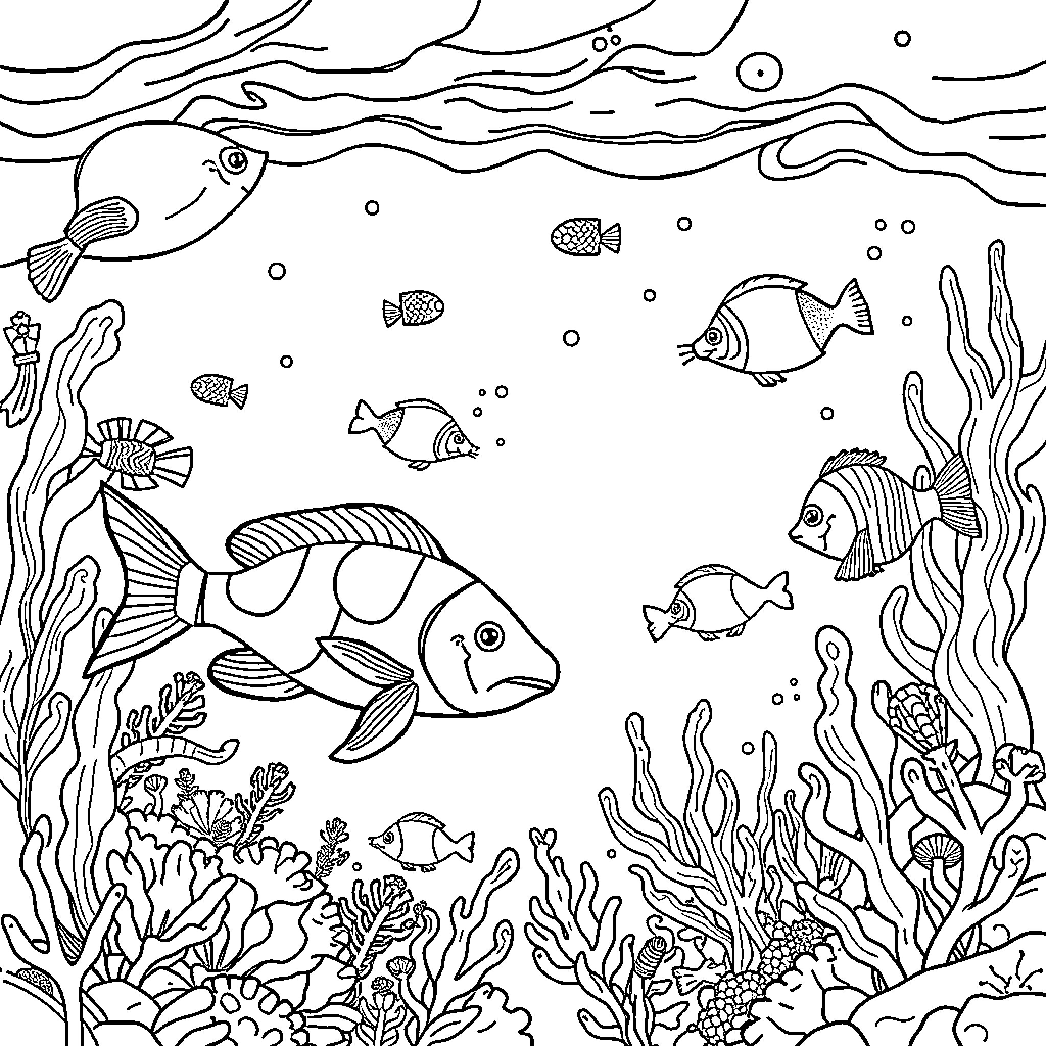 Sea Animals Exploring the Underwater World Coloring Page (free black-and-white line drawing printable PDF for all, from beginners to advanced learners, including children, teens, adults, and seniors)