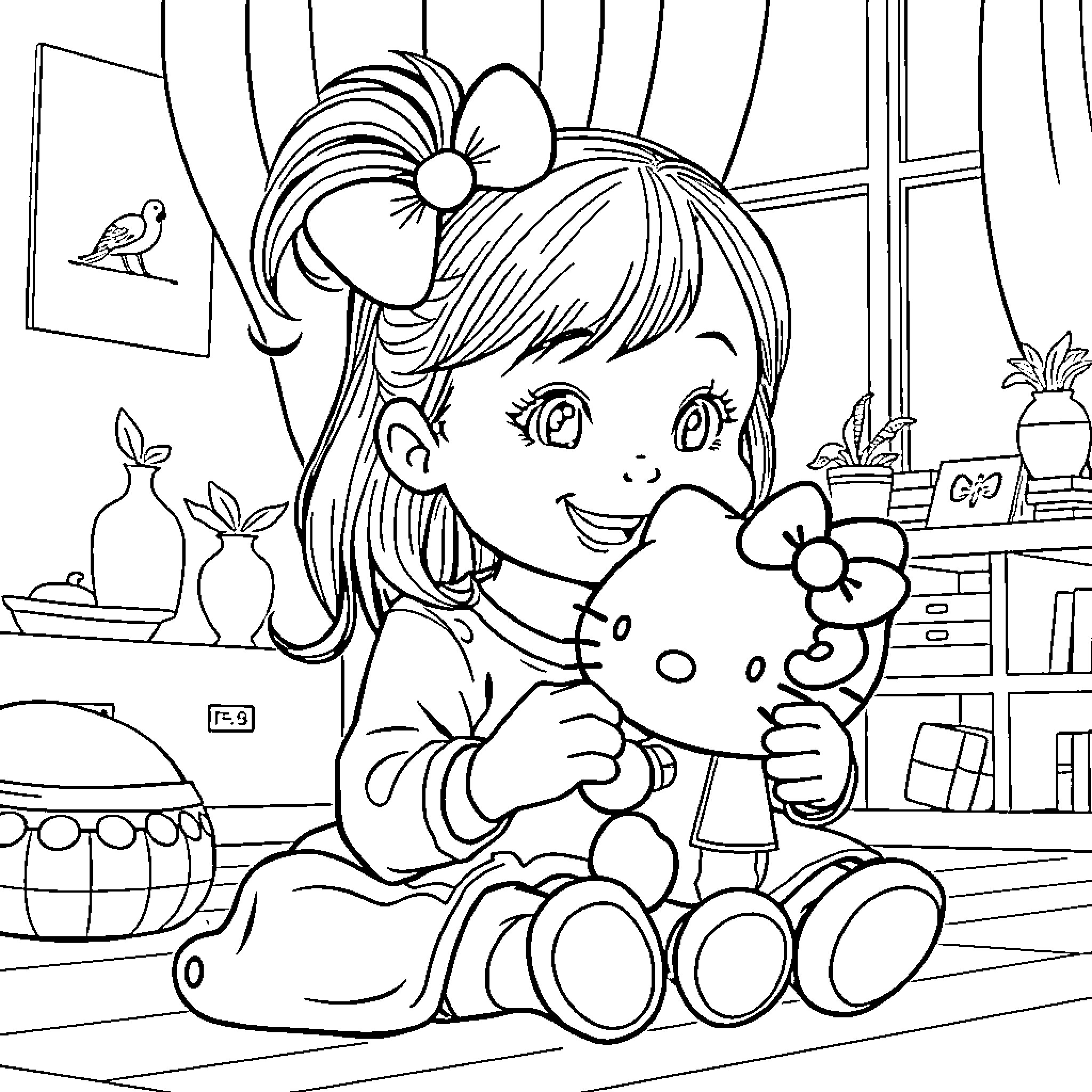 Mira's Playful Moment with Her Favorite Toy Coloring Page (free black-and-white line drawing printable PDF for all, from beginners to advanced learners, including children, teens, adults, and seniors)