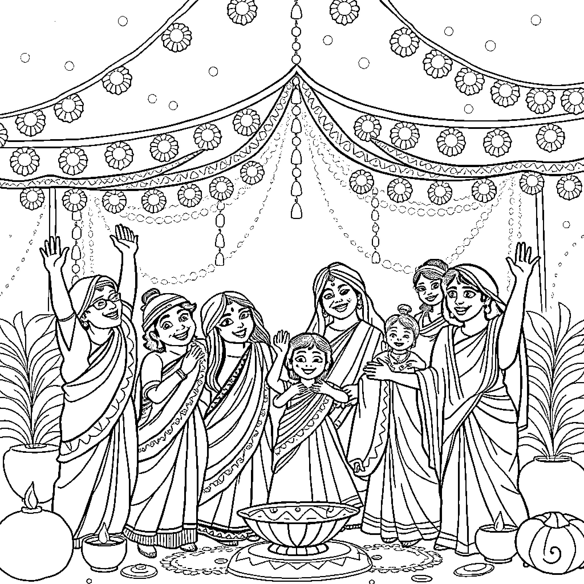 Family celebrating traditional Indian festival with festive decorations Coloring Page (free black-and-white line drawing printable PDF for all, from beginners to advanced learners, including children, teens, adults, and seniors)