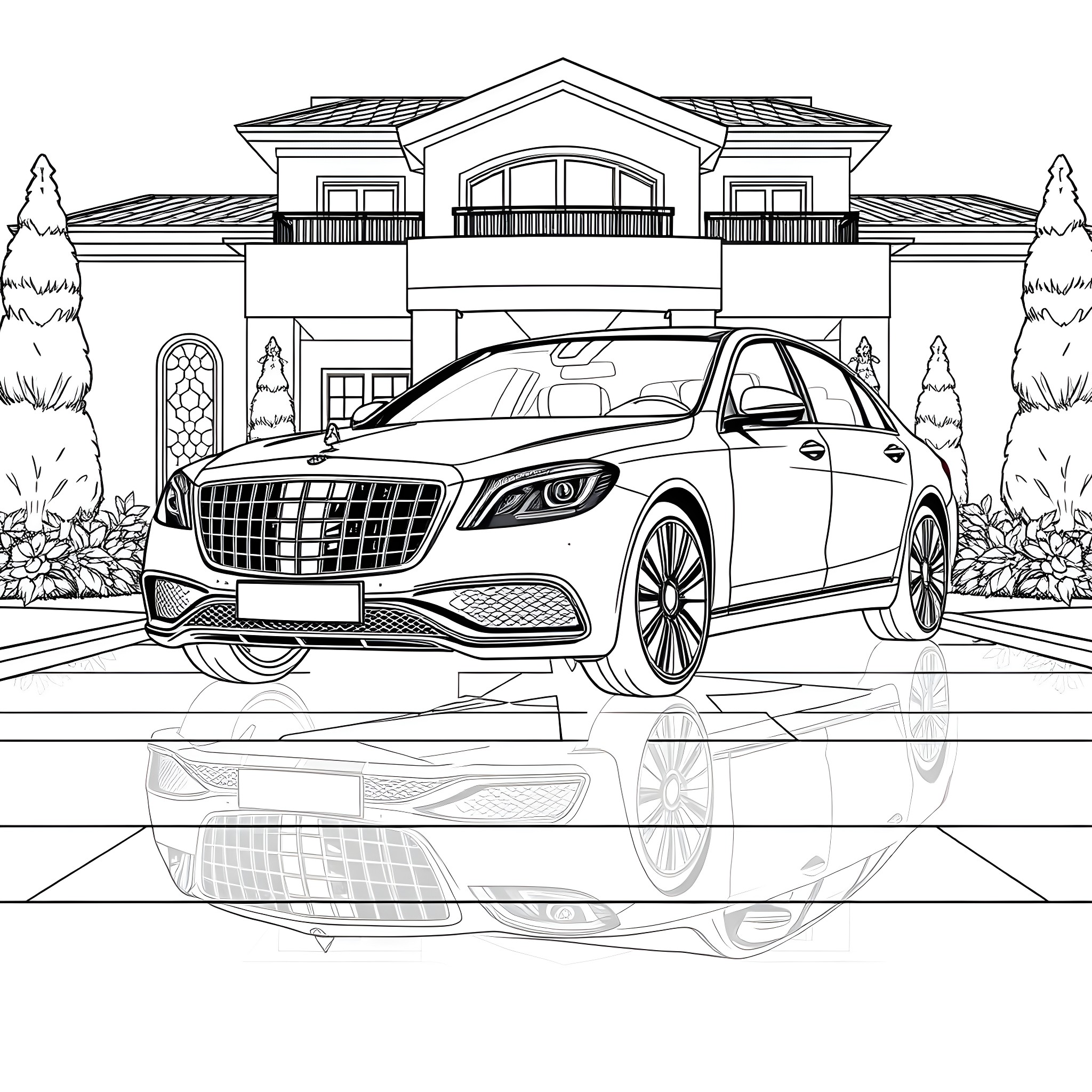 Mercedes luxury sedan in front of a grand house Coloring Page (free black-and-white line drawing printable PDF for all, from beginners to advanced learners, including children, teens, adults, and seniors)