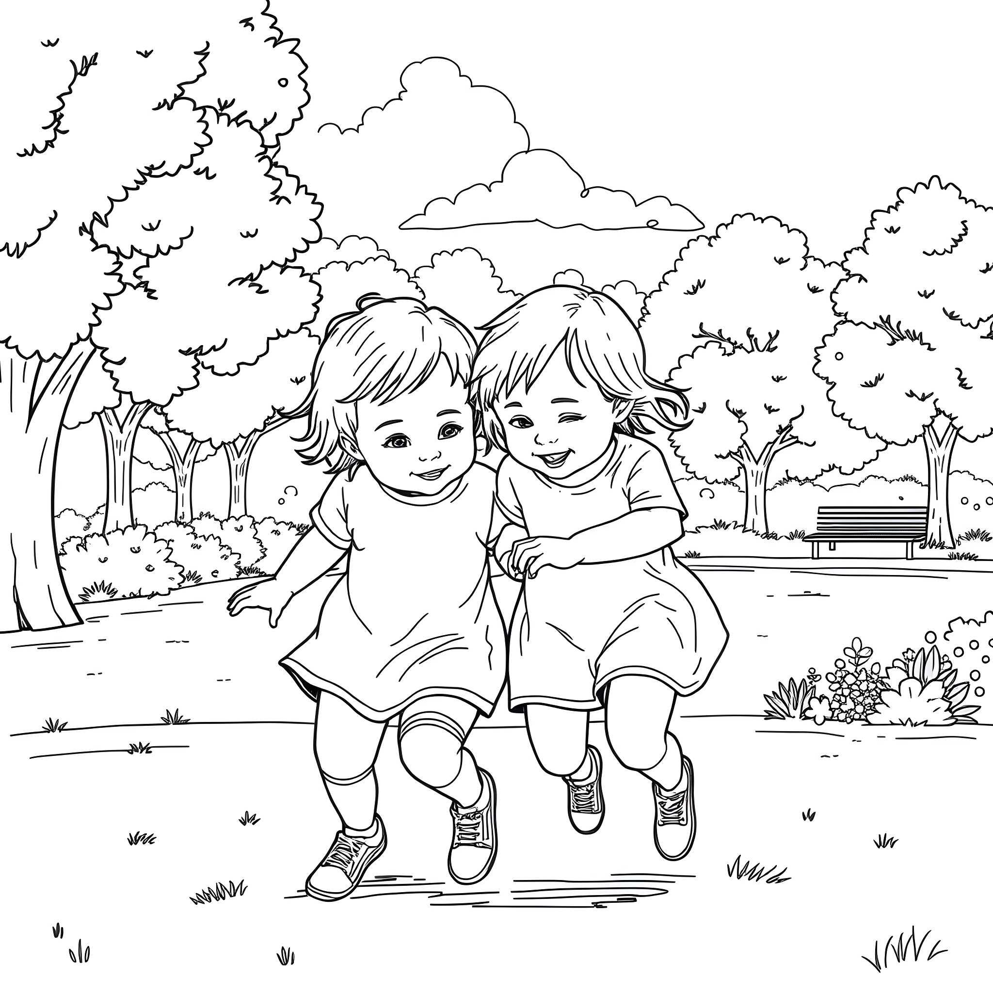 Twin children playing happily in the park Coloring Page (free black-and-white line drawing printable PDF for all, from beginners to advanced learners, including children, teens, adults, and seniors)