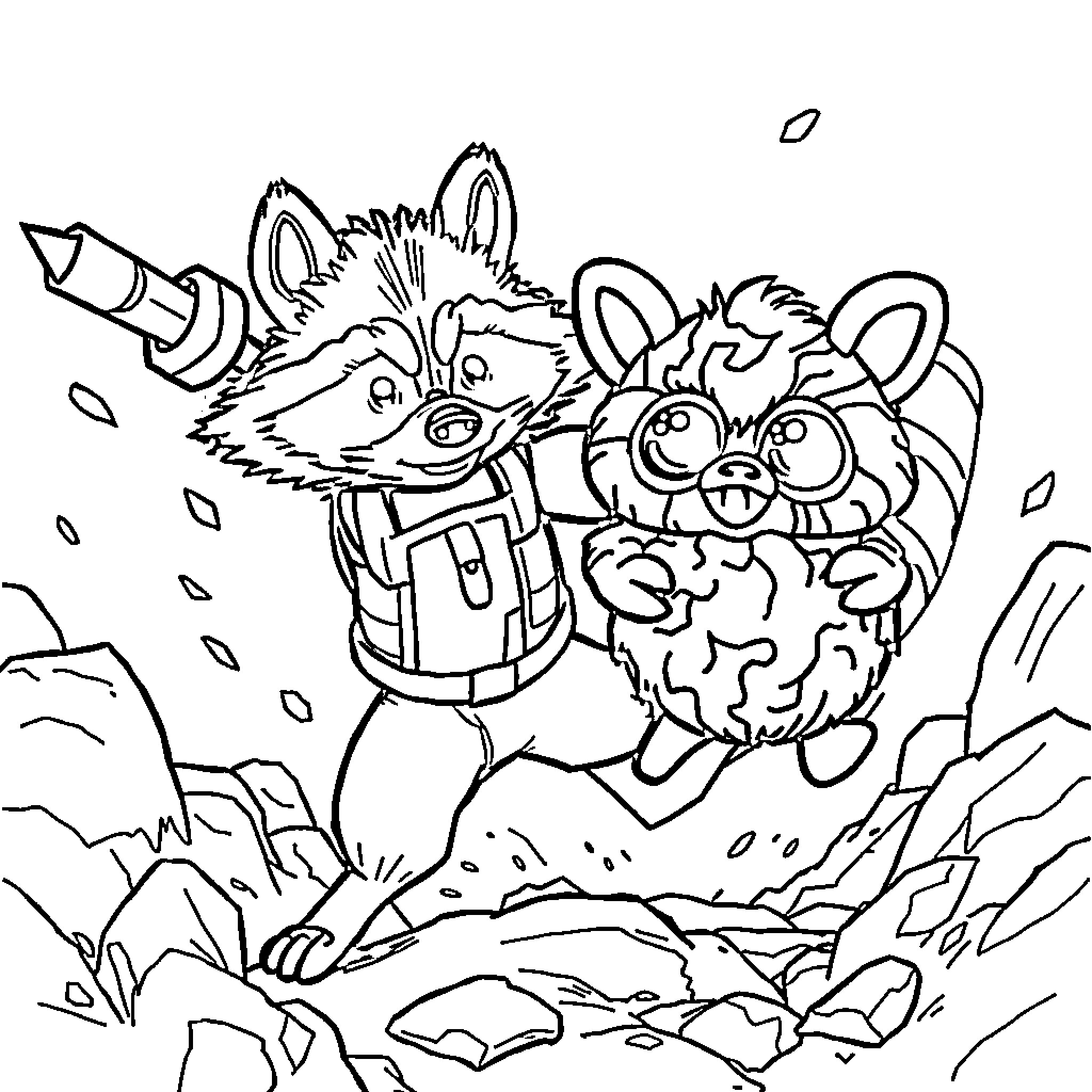 Rocket Raccoon exploring a rocky landscape with Groot Coloring Page (free black-and-white line drawing printable PDF for all, from beginners to advanced learners, including children, teens, adults, and seniors)