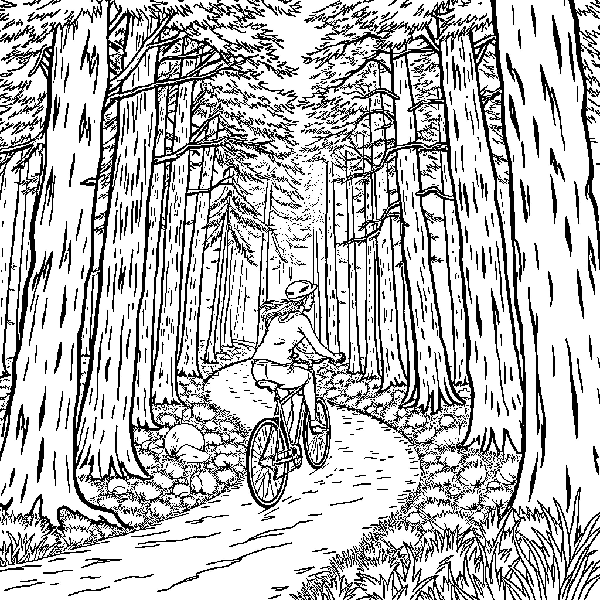 Lady Riding Bicycle Through Enchanted Forest Coloring Page (free black-and-white line drawing printable PDF for all, from beginners to advanced learners, including children, teens, adults, and seniors)