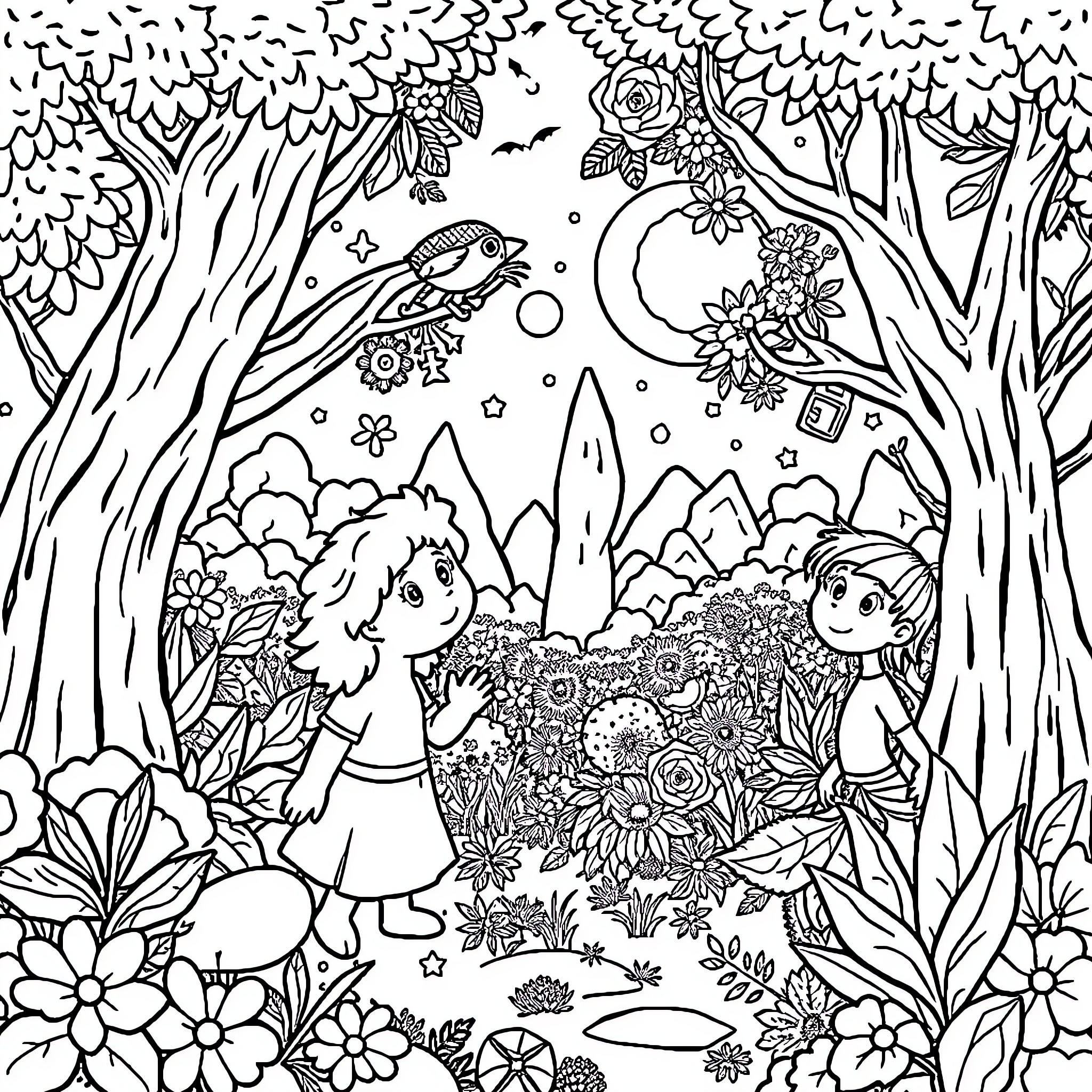 Dibujo de niños jugando en el bosque lleno de flores y animales Coloring Page (free black-and-white line drawing printable PDF for all, from beginners to advanced learners, including children, teens, adults, and seniors)