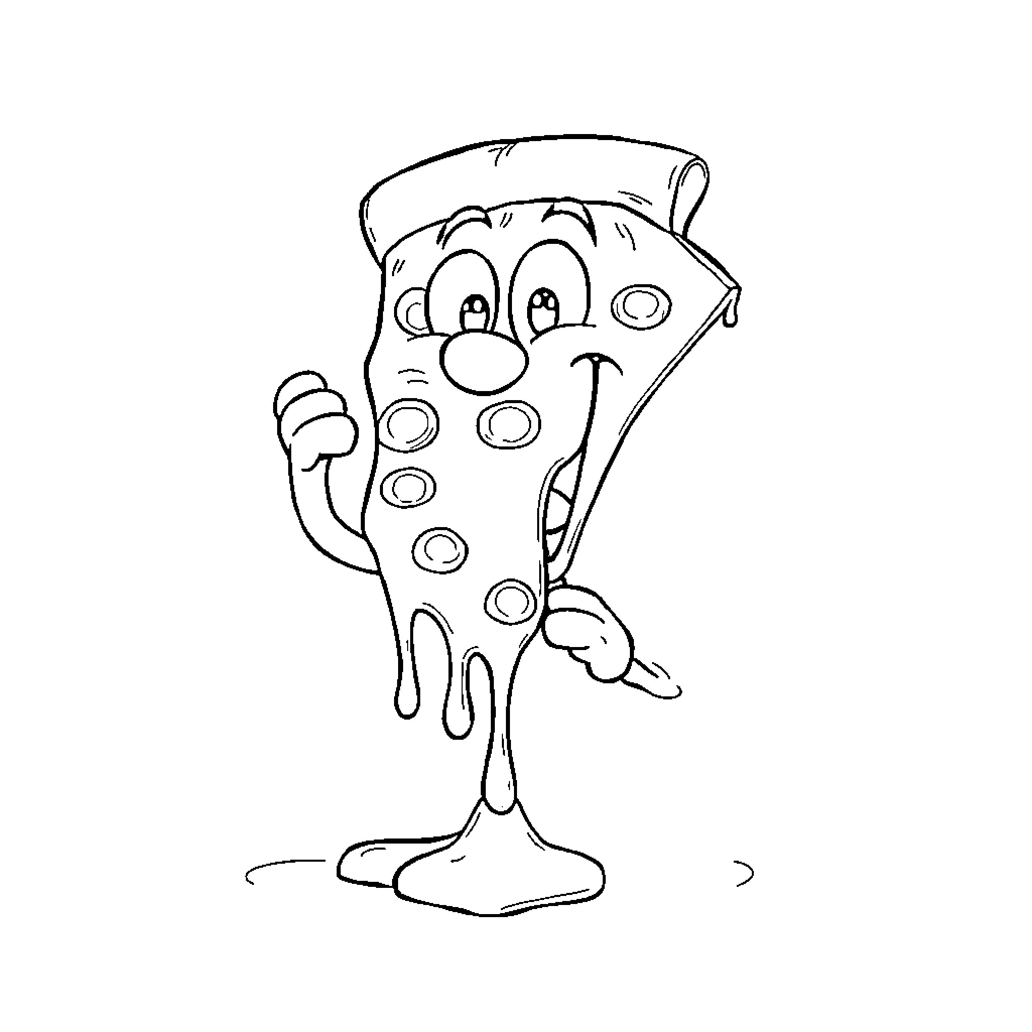 Cartoon Pizza Character Expressing Emotions Coloring Page (free black-and-white line drawing printable PDF for all, from beginners to advanced learners, including children, teens, adults, and seniors)
