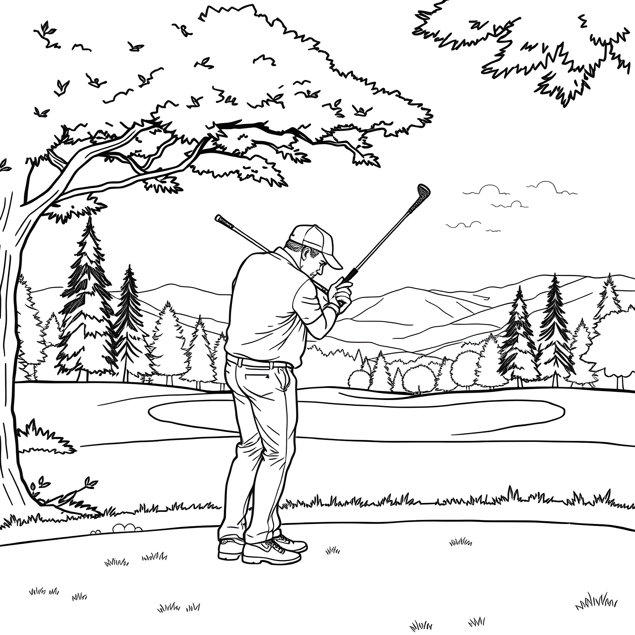 Dad enjoying a day of fishing in the outdoors Coloring Page (free black-and-white line drawing printable PDF for all, from beginners to advanced learners, including children, teens, adults, and seniors)