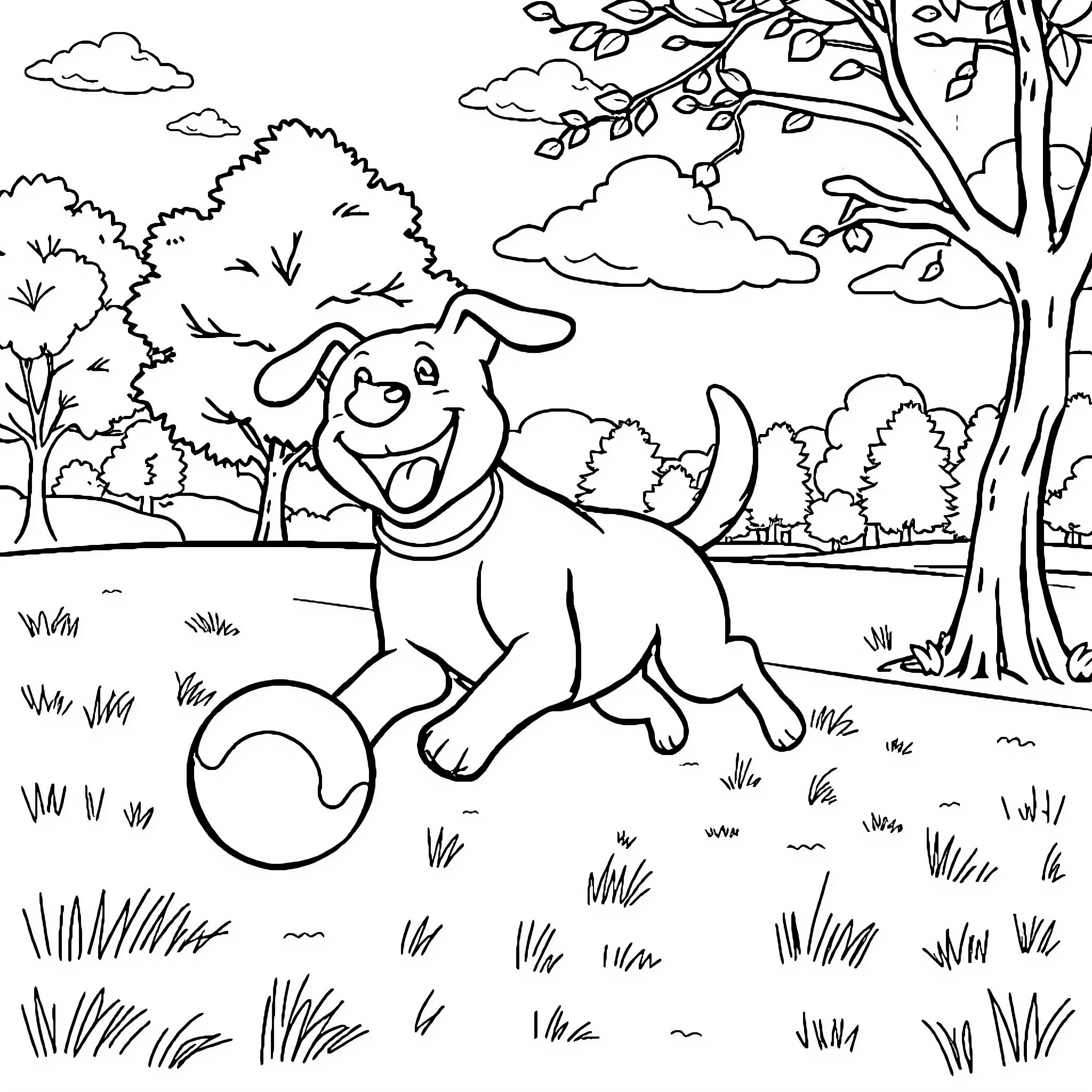 Dog playing joyfully in the park Coloring Page (free black-and-white line drawing printable PDF for all, from beginners to advanced learners, including children, teens, adults, and seniors)