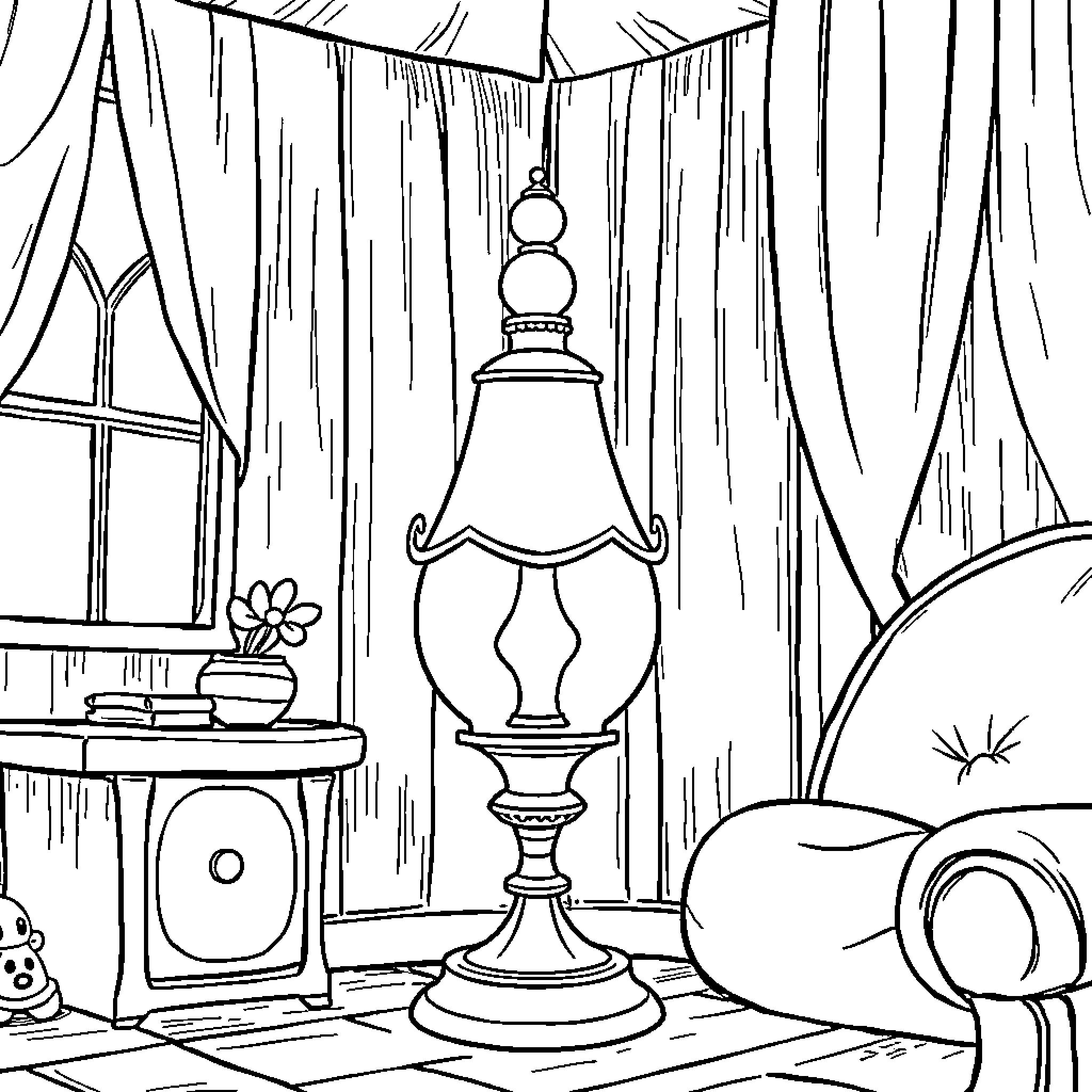 Lamp in cozy cottage interior Coloring Page (free black-and-white line drawing printable PDF for all, from beginners to advanced learners, including children, teens, adults, and seniors)