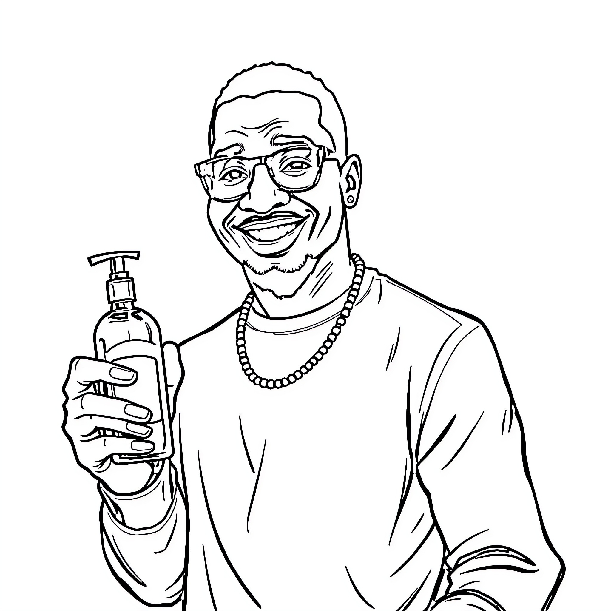 P Diddy smiling and holding a bottle Coloring Page (free black-and-white line drawing printable PDF for all, from beginners to advanced learners, including children, teens, adults, and seniors)