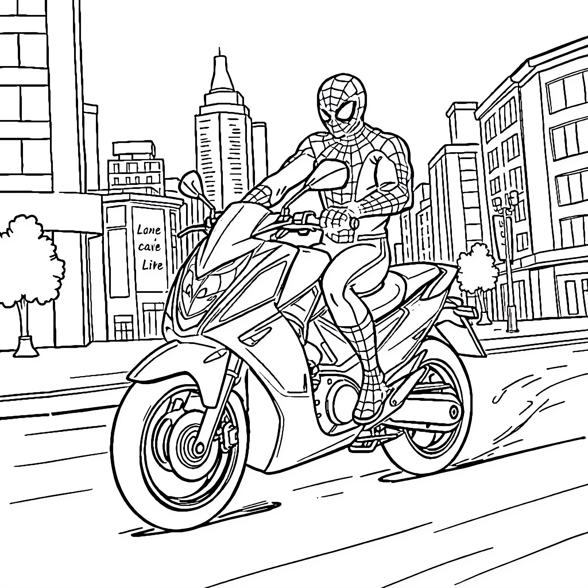 Spiderman racing on a motorcycle through the city Coloring Page (free black-and-white line drawing printable PDF for all, from beginners to advanced learners, including children, teens, adults, and seniors)