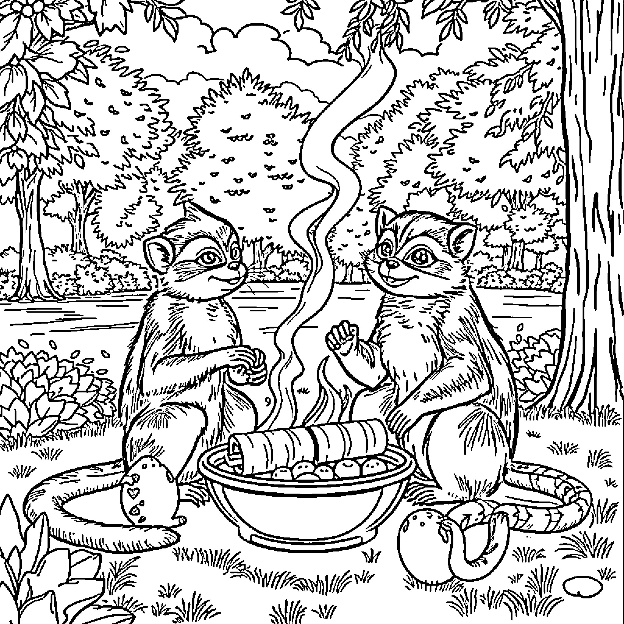Ballerina meerkats enjoying a picnic in the forest Coloring Page (free black-and-white line drawing printable PDF for all, from beginners to advanced learners, including children, teens, adults, and seniors)