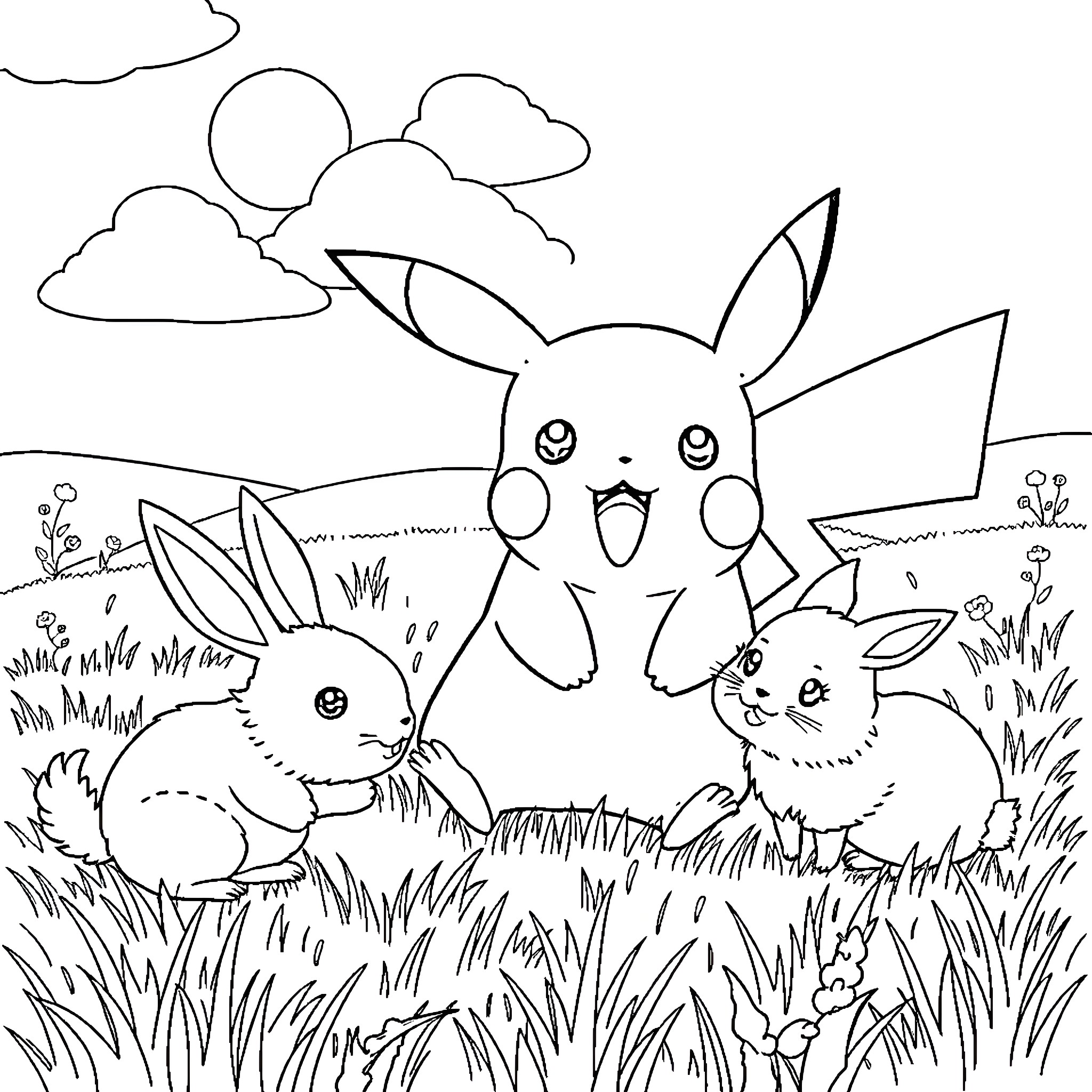 Pikachu and Bunnies Frolicking in the Meadow Coloring Page (free black-and-white line drawing printable PDF for all, from beginners to advanced learners, including children, teens, adults, and seniors)