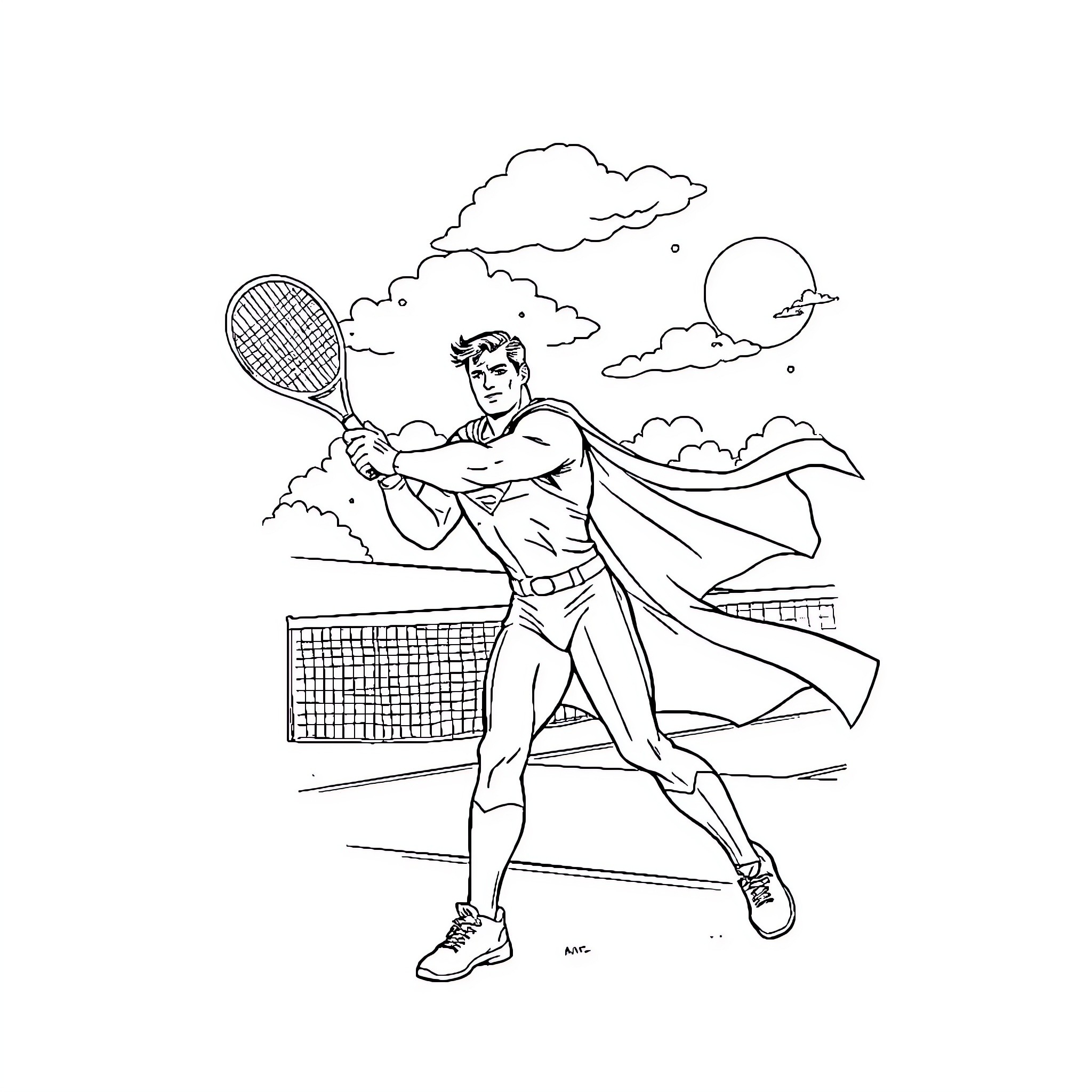 Superman playing tennis with superhero flair Coloring Page (free black-and-white line drawing printable PDF for all, from beginners to advanced learners, including children, teens, adults, and seniors)