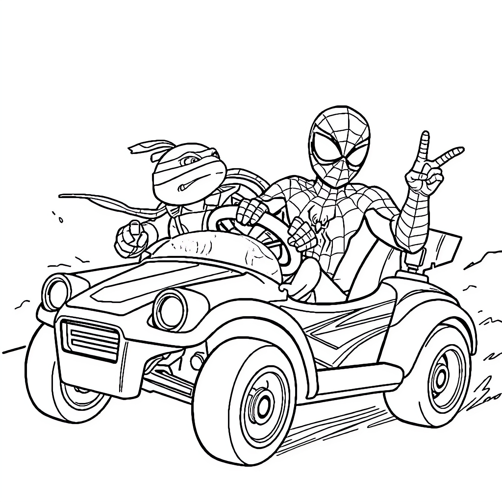 Spider-Man riding a toy car with Ninja Turtles Coloring Page (free black-and-white line drawing printable PDF for all, from beginners to advanced learners, including children, teens, adults, and seniors)