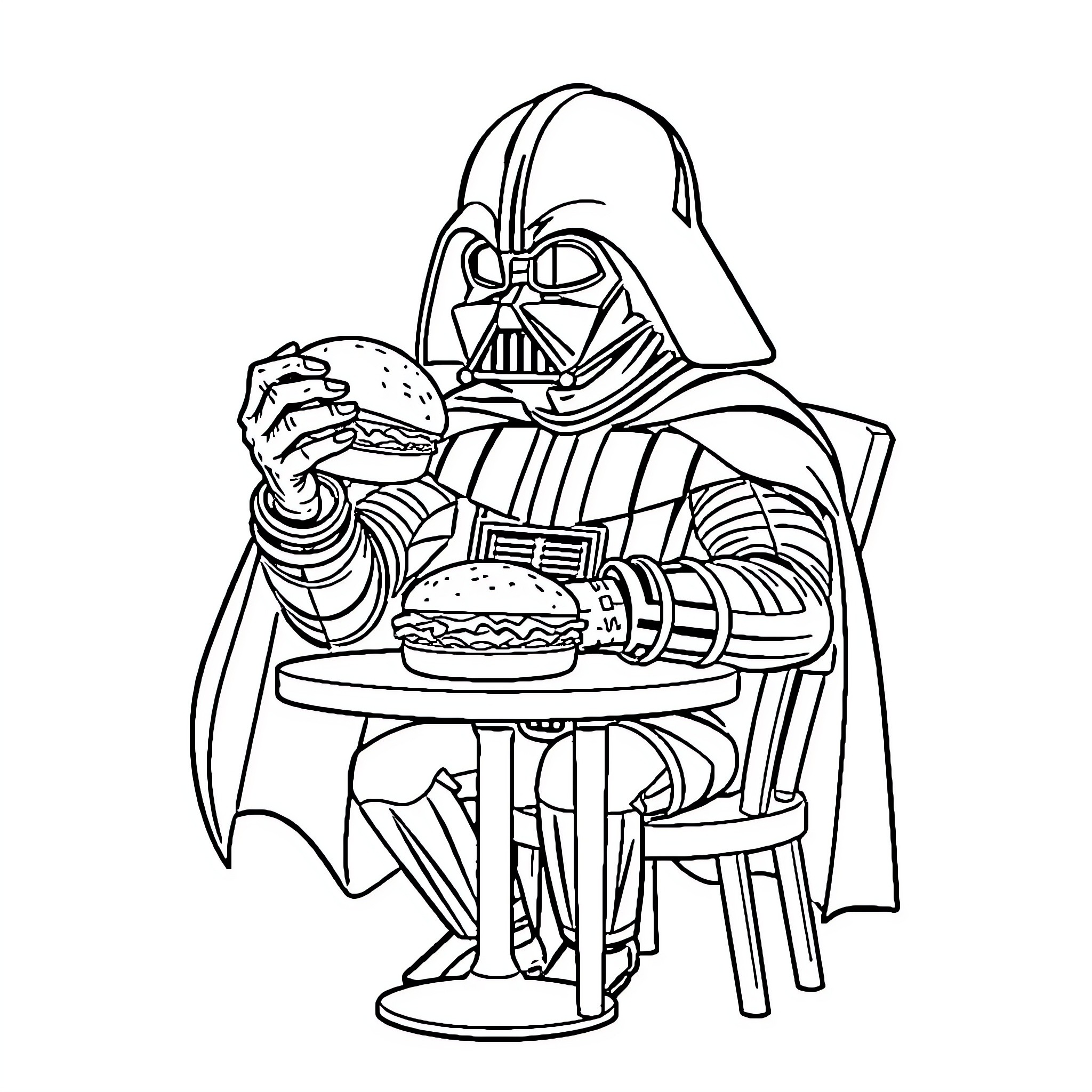 Darth Vader enjoying a meal Coloring Page (free black-and-white line drawing printable PDF for all, from beginners to advanced learners, including children, teens, adults, and seniors)