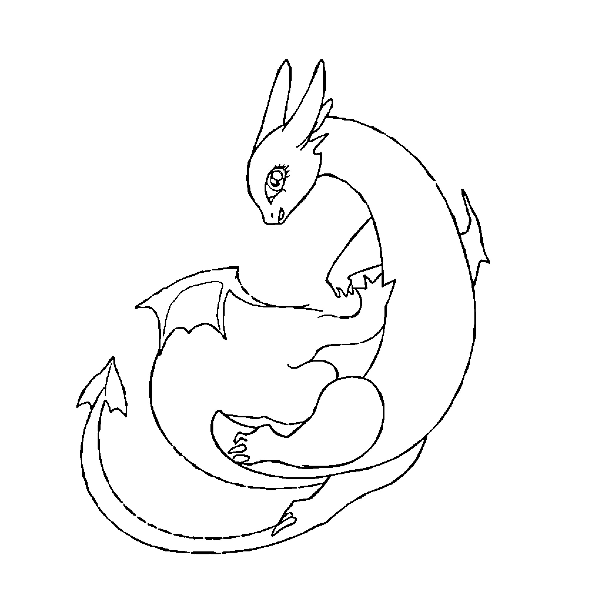 Toothless dragon curled up in a crescent moon Coloring Page (free black-and-white line drawing printable PDF for all, from beginners to advanced learners, including children, teens, adults, and seniors)