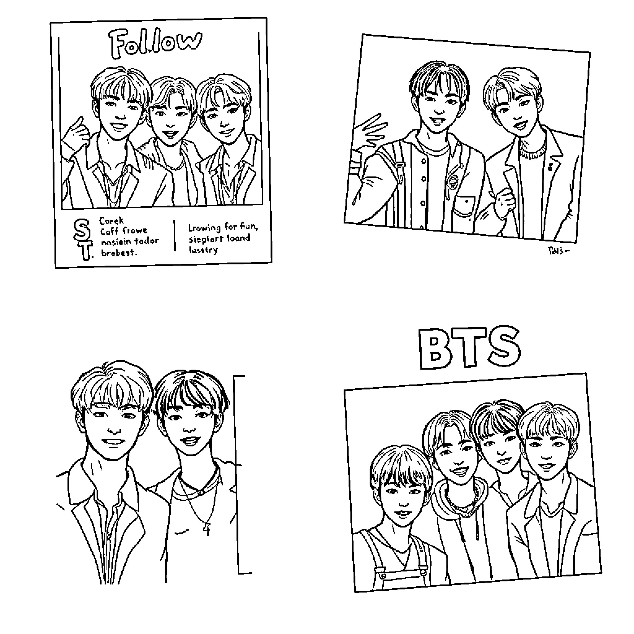 BTS Group Portraits and Fan Activities Coloring Page (free black-and-white line drawing printable PDF for all, from beginners to advanced learners, including children, teens, adults, and seniors)