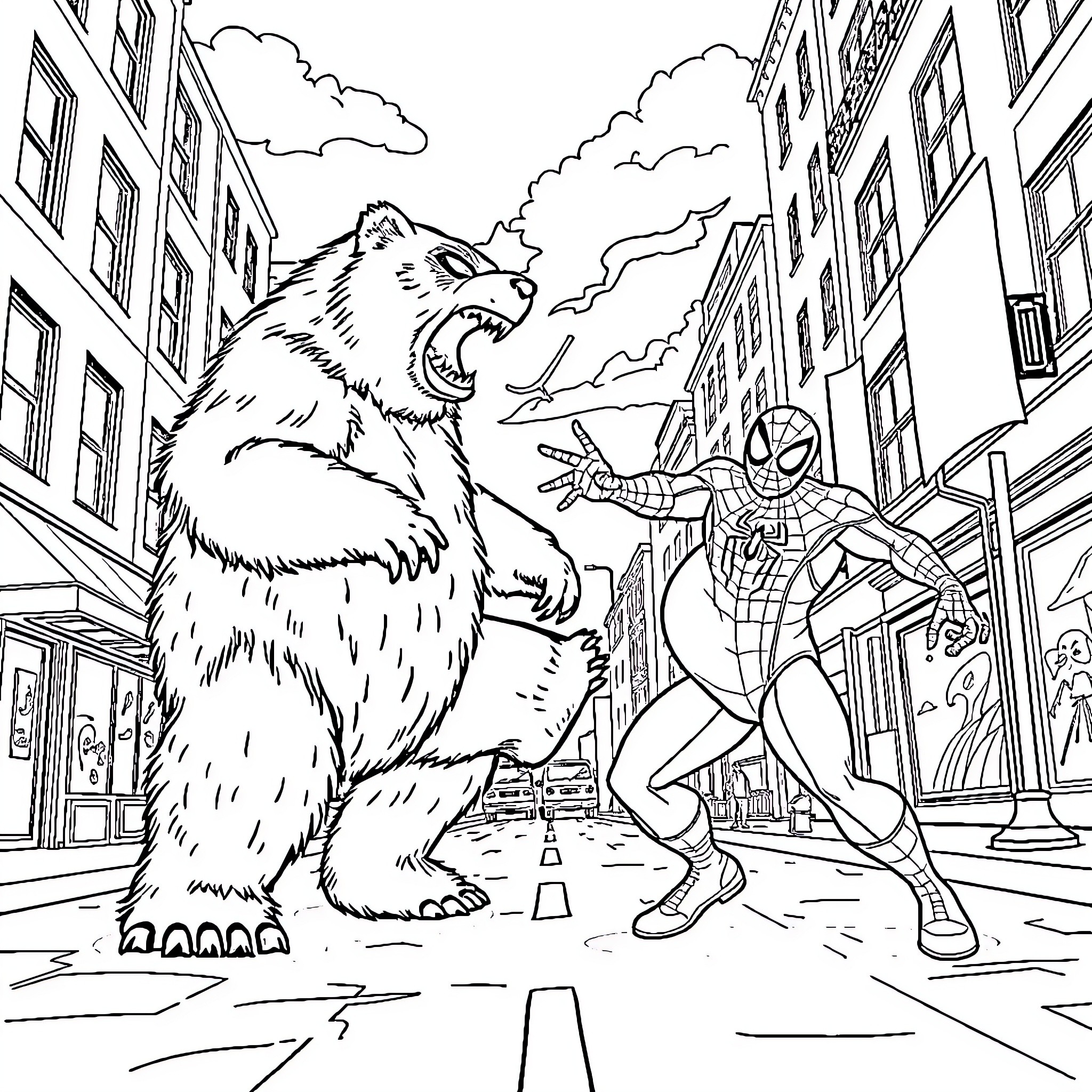 Bear confronting Spider-Man in the city Coloring Page (free black-and-white line drawing printable PDF for all, from beginners to advanced learners, including children, teens, adults, and seniors)
