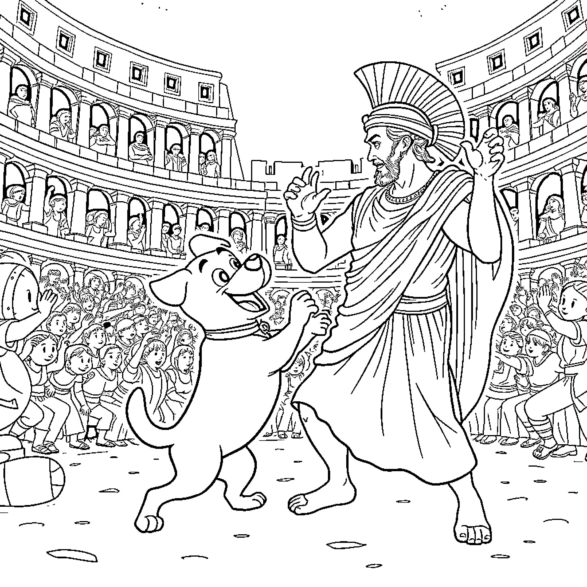 Scrappy Doo's Gladiatorial Adventure in the Roman Colosseum Coloring Page (free black-and-white line drawing printable PDF for all, from beginners to advanced learners, including children, teens, adults, and seniors)