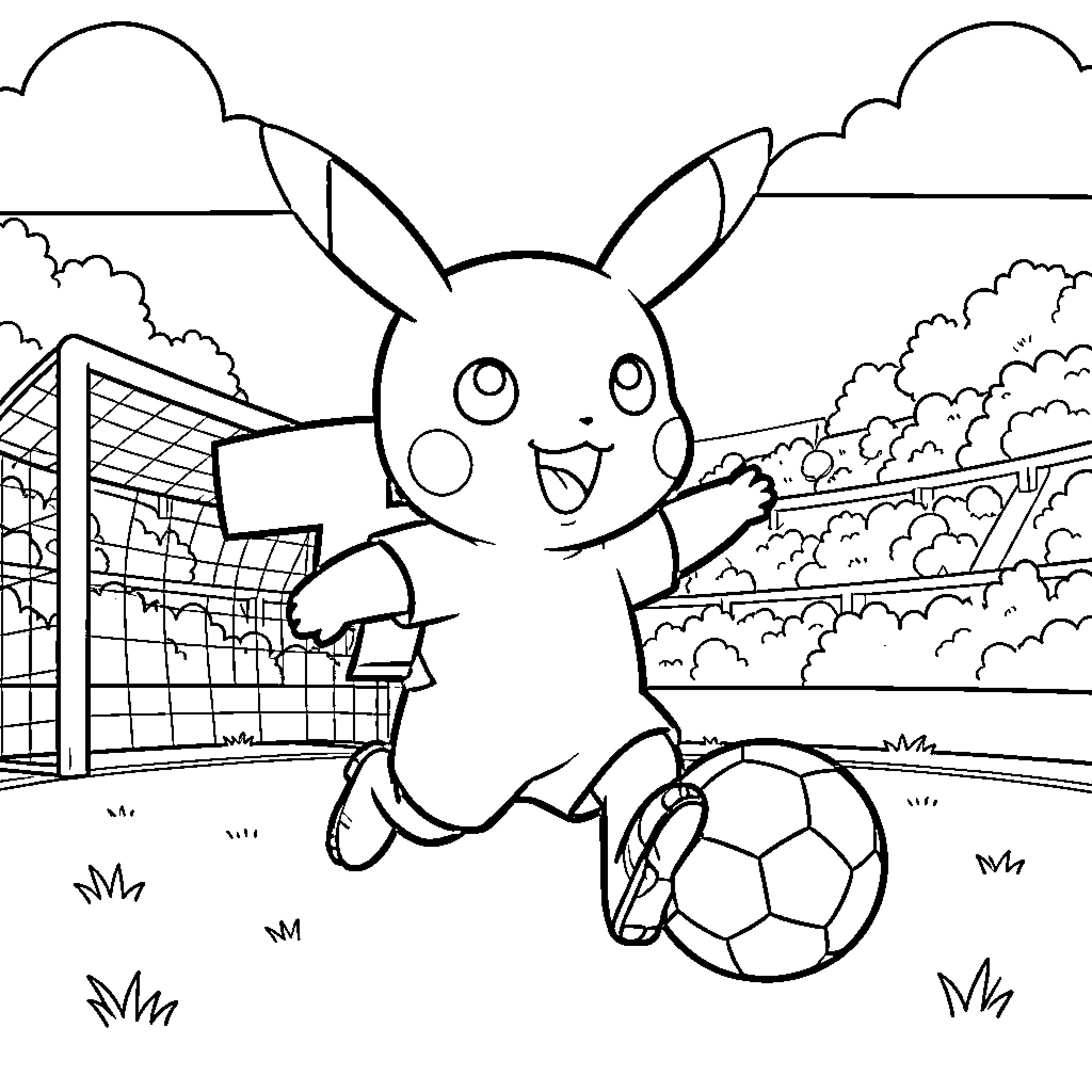 Mini Pikachu playing soccer in a large stadium Coloring Page (free black-and-white line drawing printable PDF for all, from beginners to advanced learners, including children, teens, adults, and seniors)