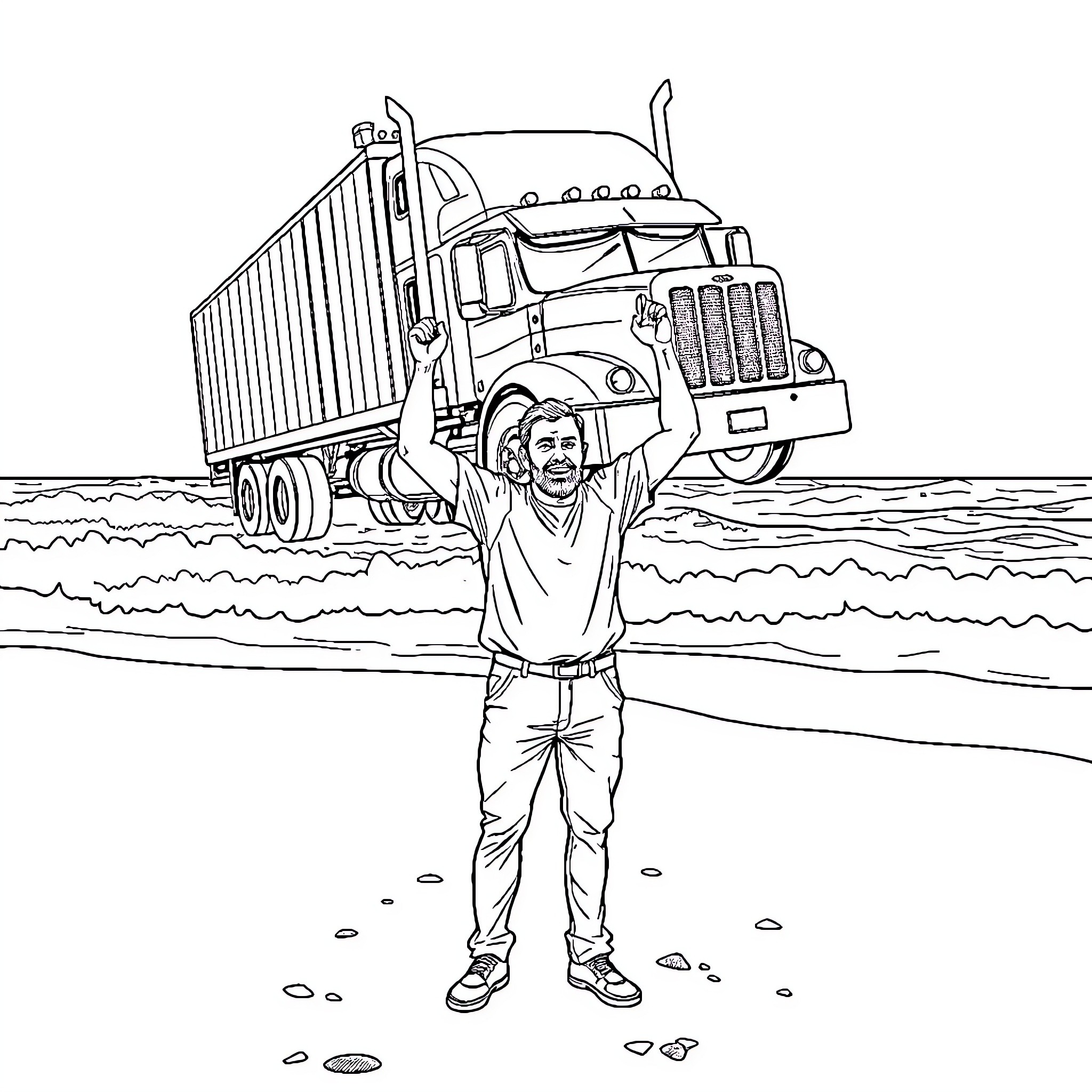 Dad excited with big rig truck on the beach Coloring Page (free black-and-white line drawing printable PDF for all, from beginners to advanced learners, including children, teens, adults, and seniors)