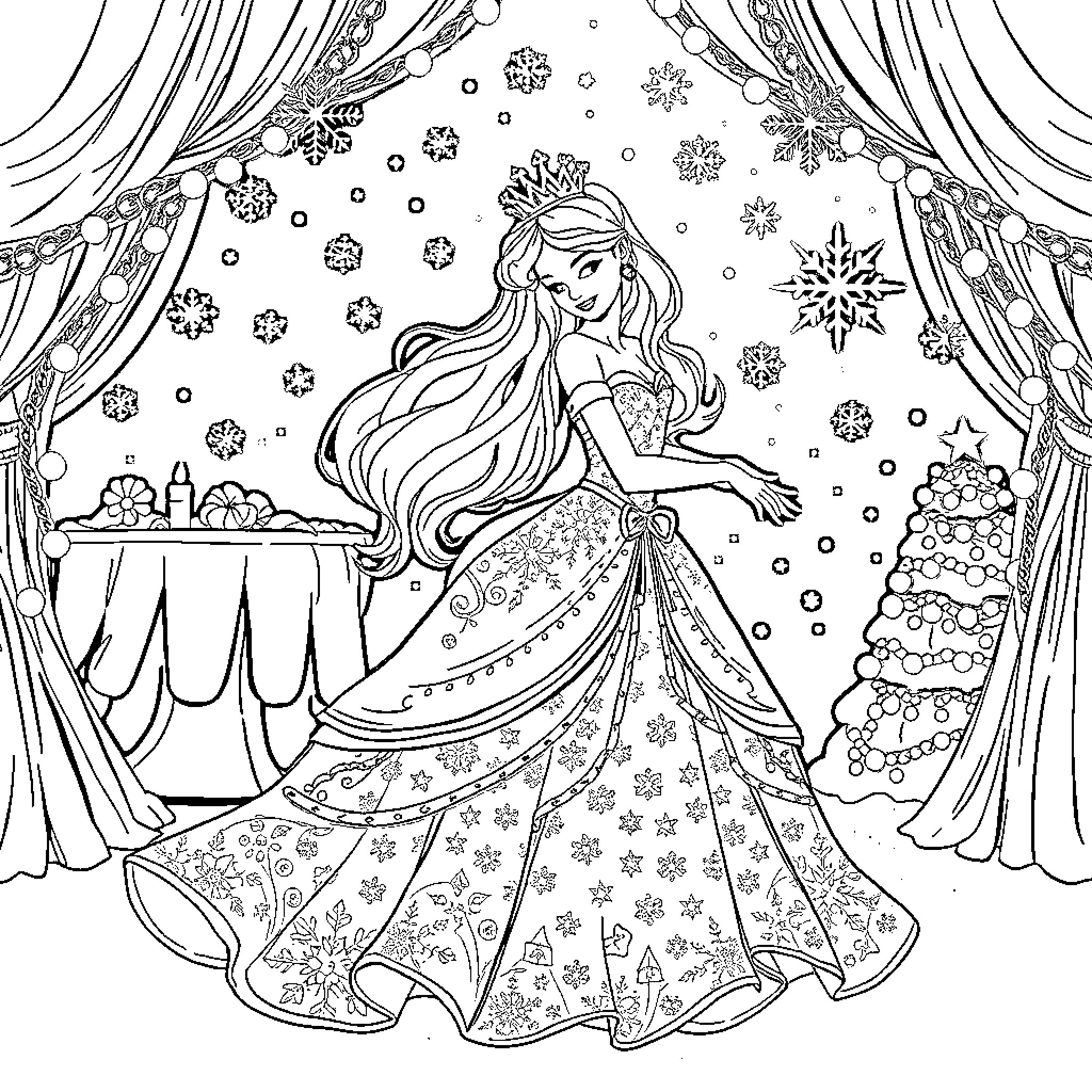 Princess Enjoying a Festive Winter Wonderland Coloring Page (free black-and-white line drawing printable PDF for all, from beginners to advanced learners, including children, teens, adults, and seniors)