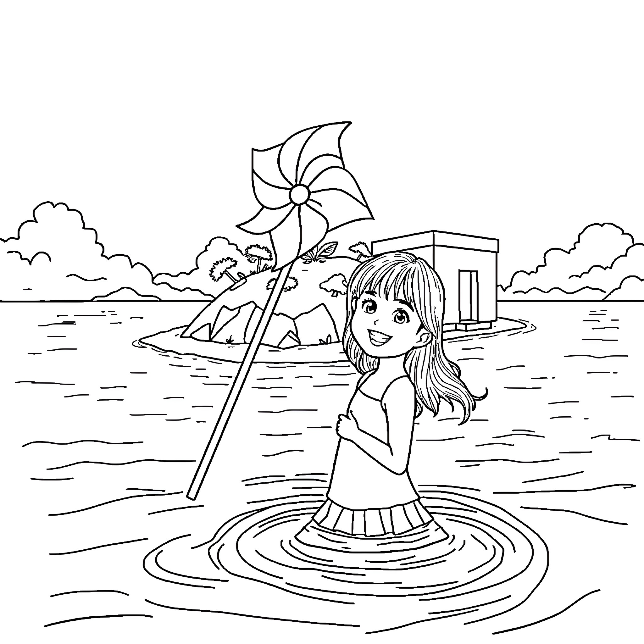 Girl playing with pinwheel in water Coloring Page (free black-and-white line drawing printable PDF for all, from beginners to advanced learners, including children, teens, adults, and seniors)