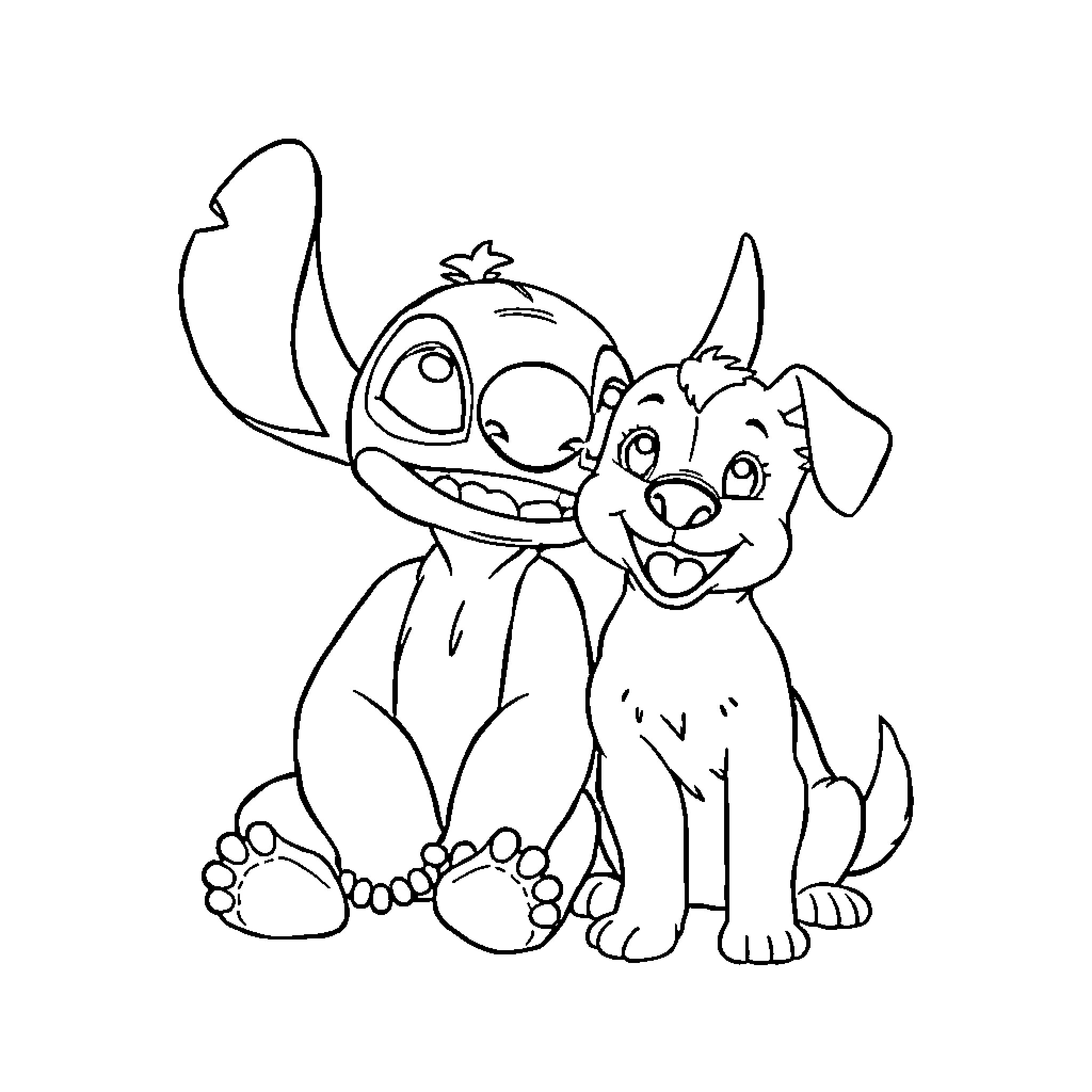 Stitch and Puppy Enjoying Playtime Coloring Page (free black-and-white line drawing printable PDF for all, from beginners to advanced learners, including children, teens, adults, and seniors)