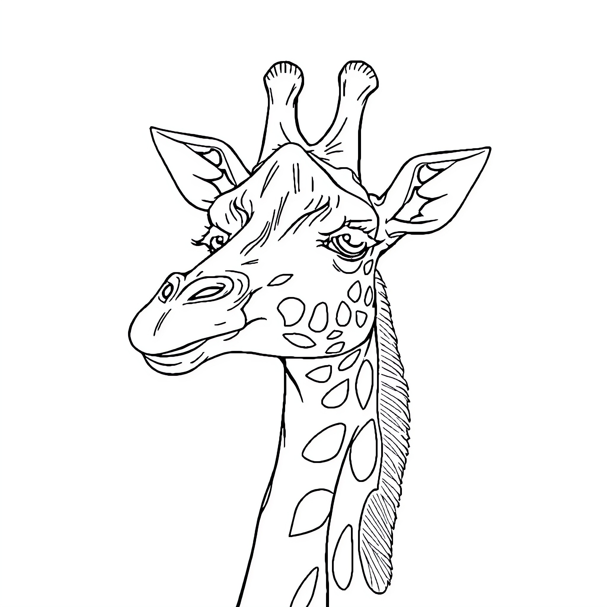 Giraffe with expressive features Coloring Page (free black-and-white line drawing printable PDF for all, from beginners to advanced learners, including children, teens, adults, and seniors)