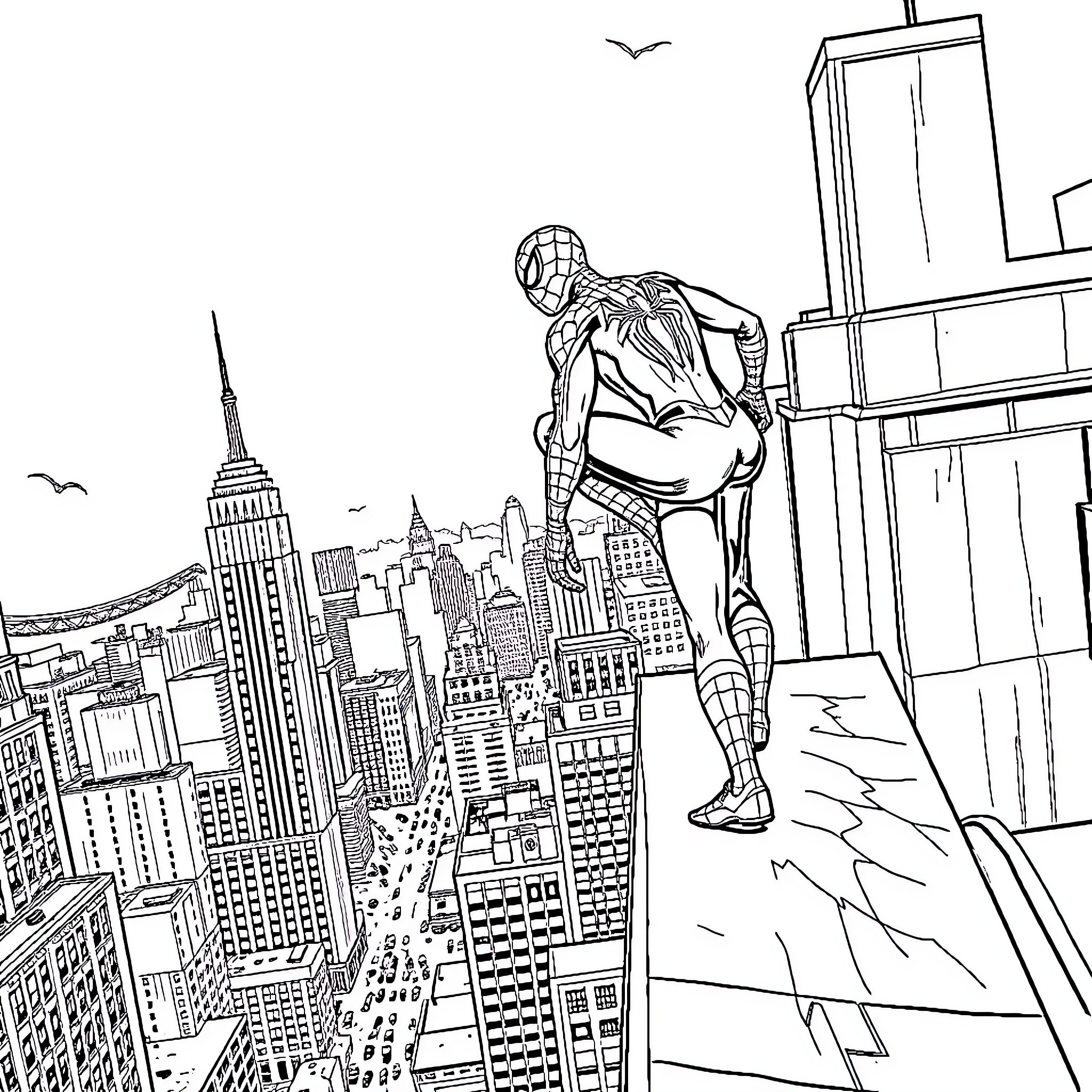 Spiderman swinging through the city skyline Coloring Page (free black-and-white line drawing printable PDF for all, from beginners to advanced learners, including children, teens, adults, and seniors)