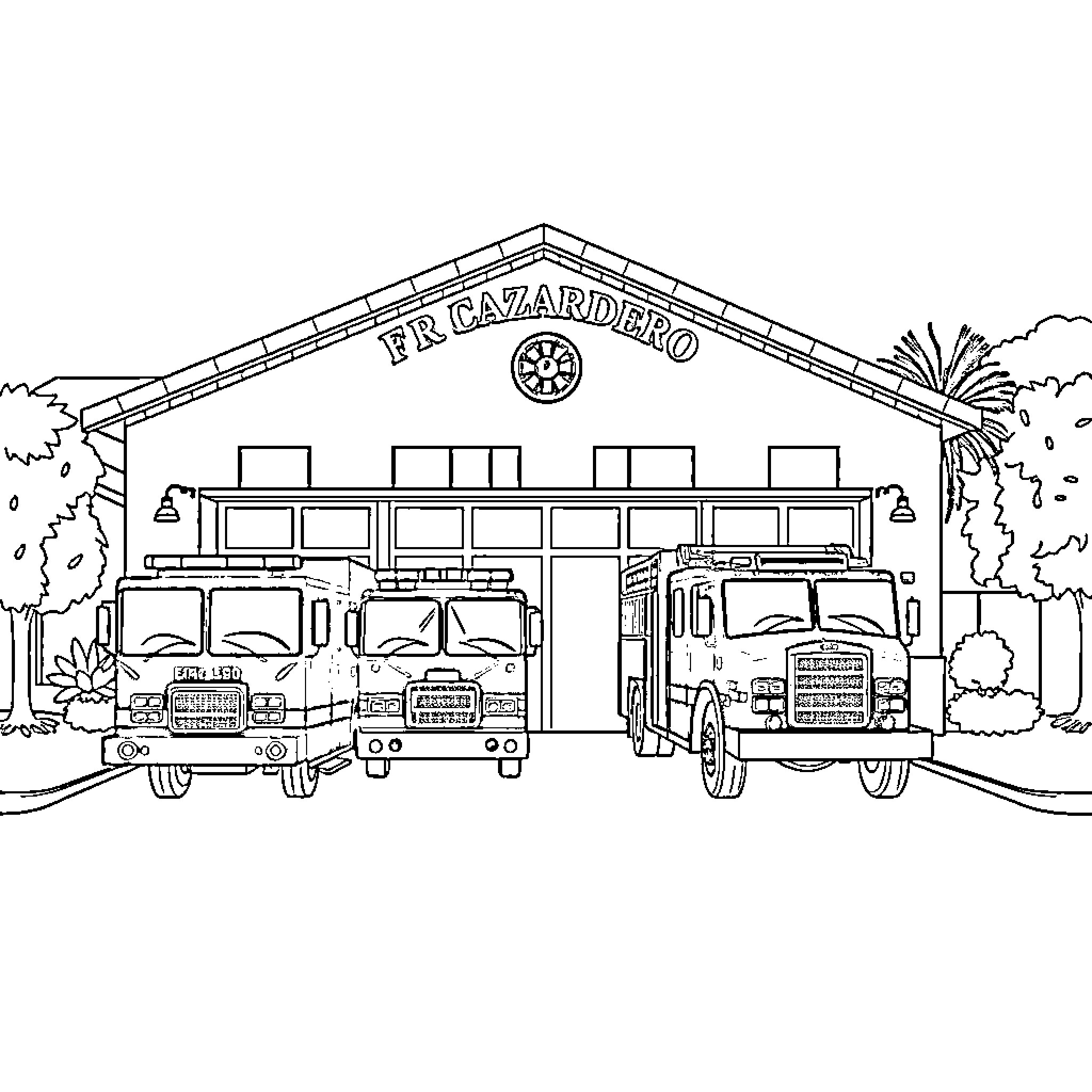 Fire Department Vehicles and Station Illustration Coloring Page (free black-and-white line drawing printable PDF for all, from beginners to advanced learners, including children, teens, adults, and seniors)