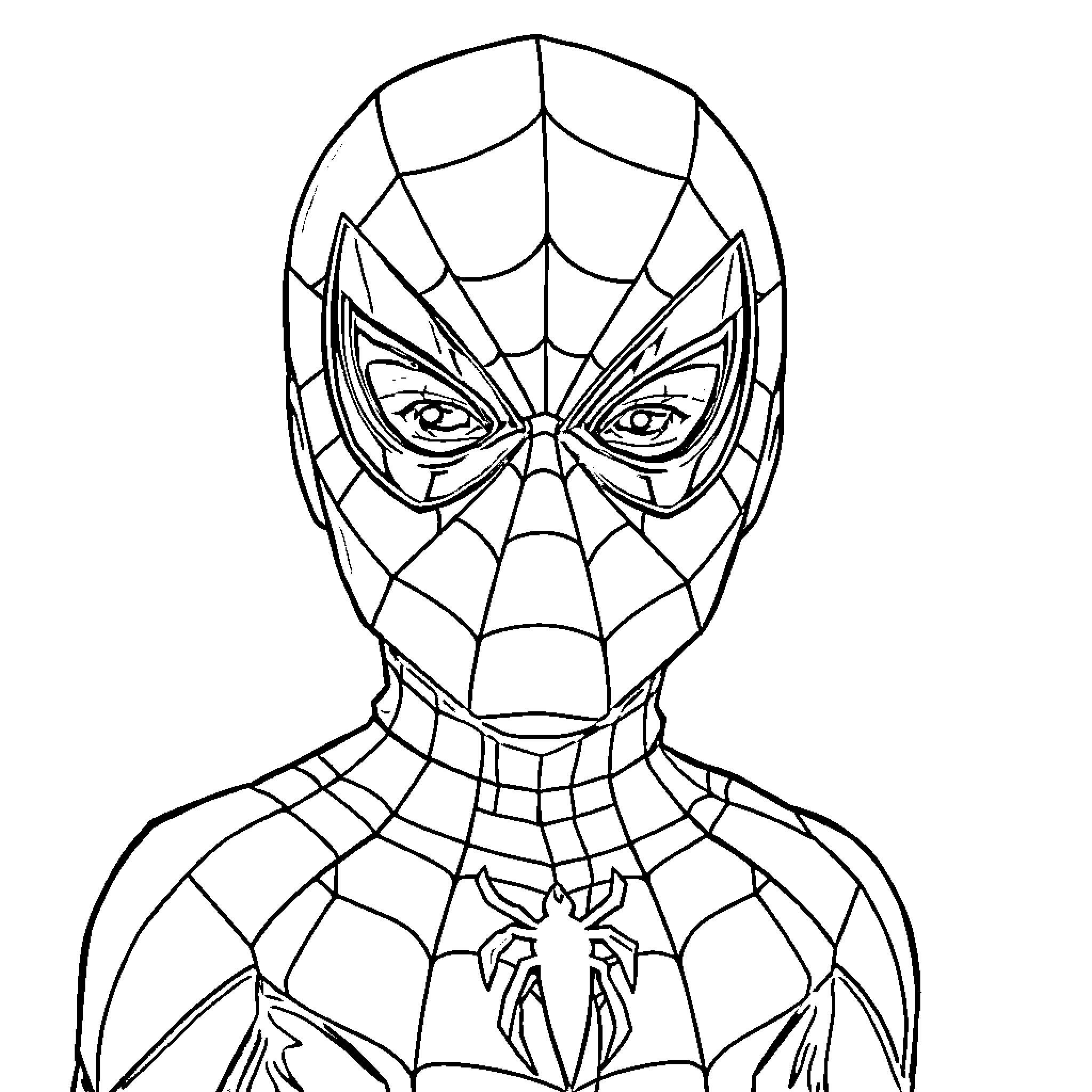 Spiderman in heroic pose with web design Coloring Page (free black-and-white line drawing printable PDF for all, from beginners to advanced learners, including children, teens, adults, and seniors)