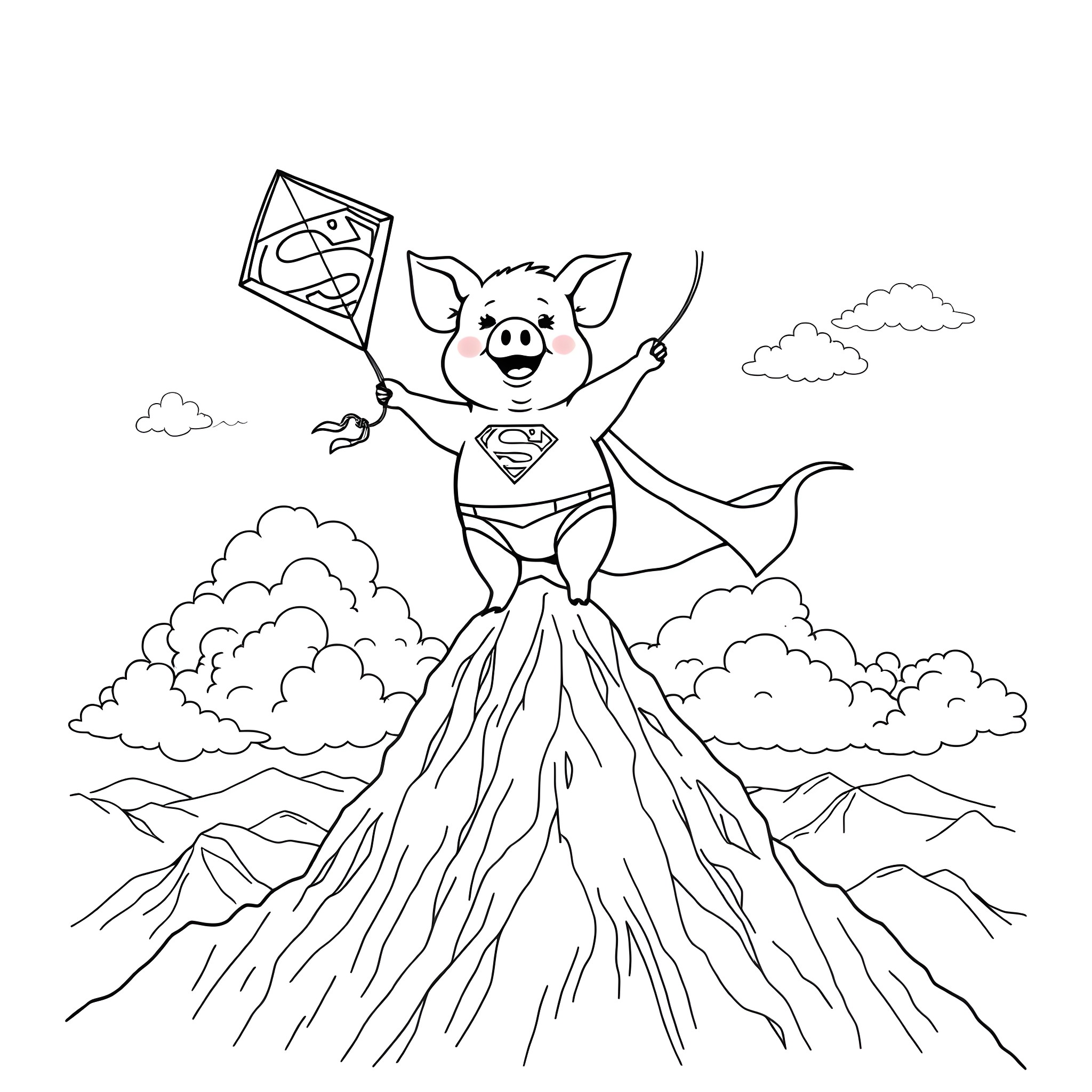 Pig superhero soaring over mountains with cape Coloring Page (free black-and-white line drawing printable PDF for all, from beginners to advanced learners, including children, teens, adults, and seniors)