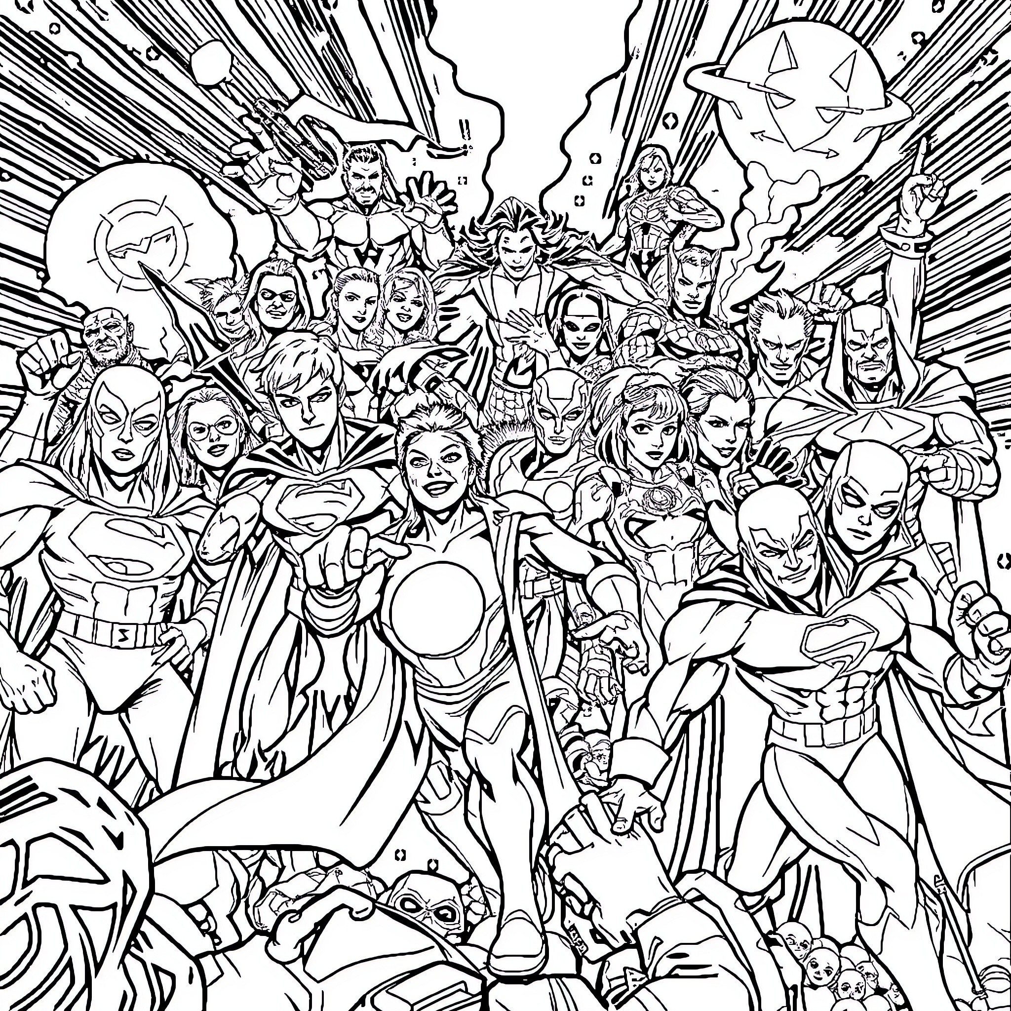 Marvel Heroes Unite in Epic Ensemble Coloring Page (free black-and-white line drawing printable PDF for all, from beginners to advanced learners, including children, teens, adults, and seniors)