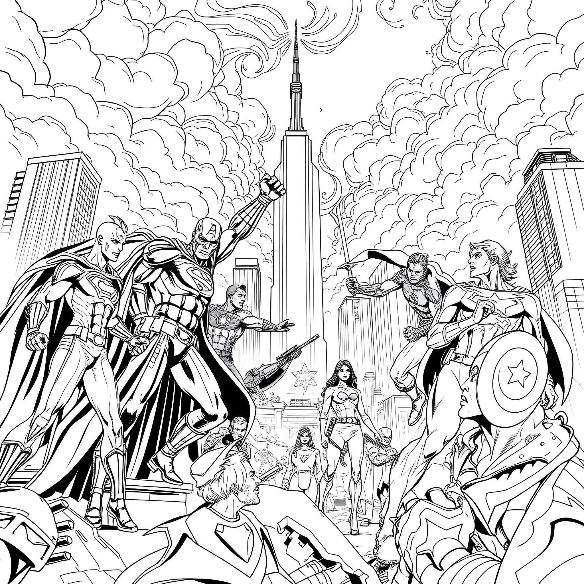 Justice League Heroes Assembling in the City Coloring Page (free black-and-white line drawing printable PDF for all, from beginners to advanced learners, including children, teens, adults, and seniors)