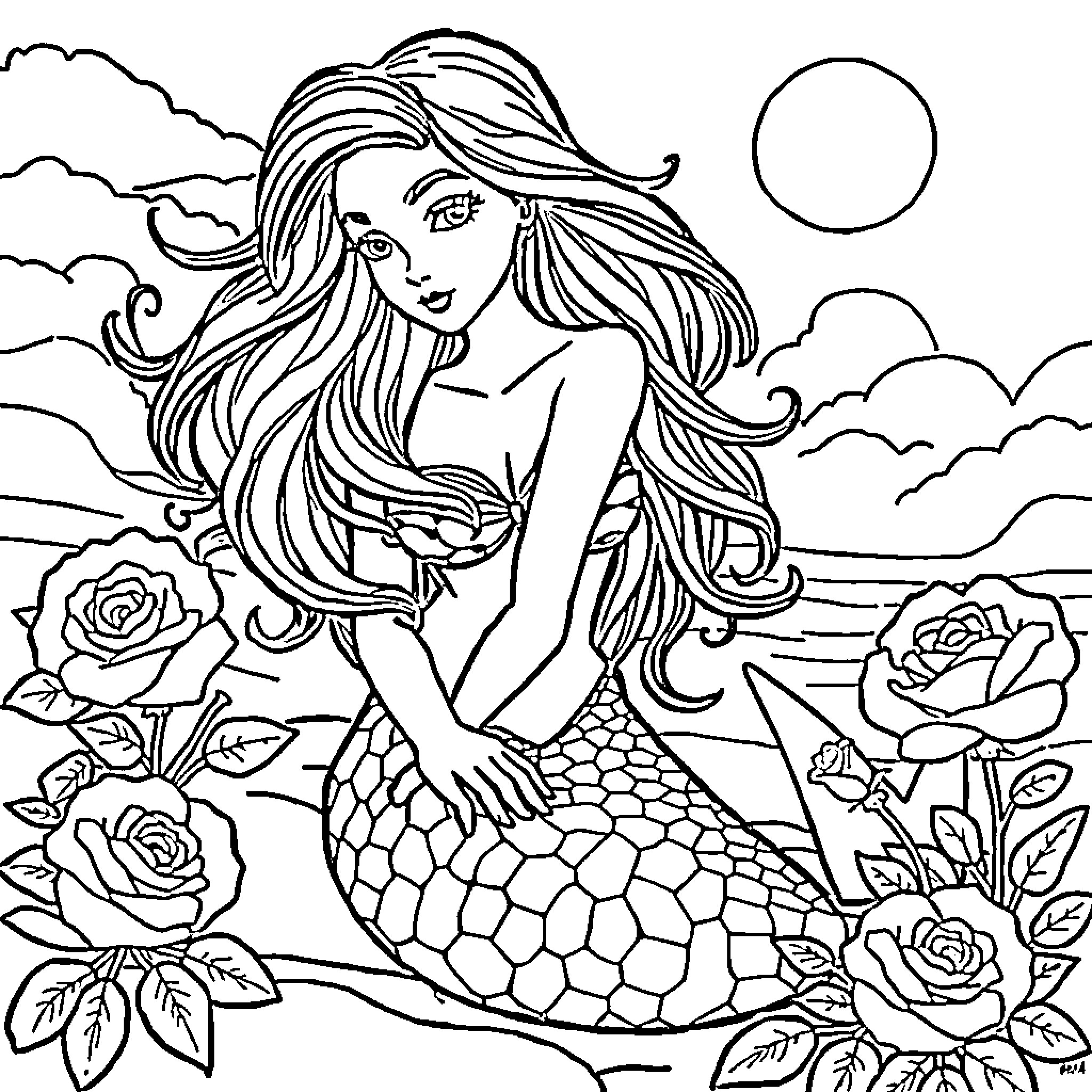 Mermaid posing gracefully among sea roses Coloring Page (free black-and-white line drawing printable PDF for all, from beginners to advanced learners, including children, teens, adults, and seniors)