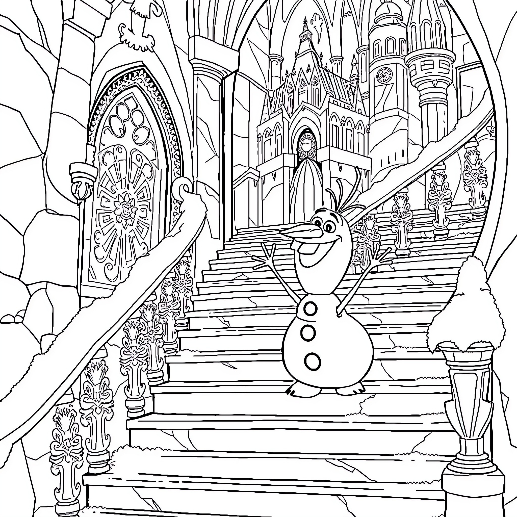 Olaf exploring the enchanting castle steps Coloring Page (free black-and-white line drawing printable PDF for all, from beginners to advanced learners, including children, teens, adults, and seniors)