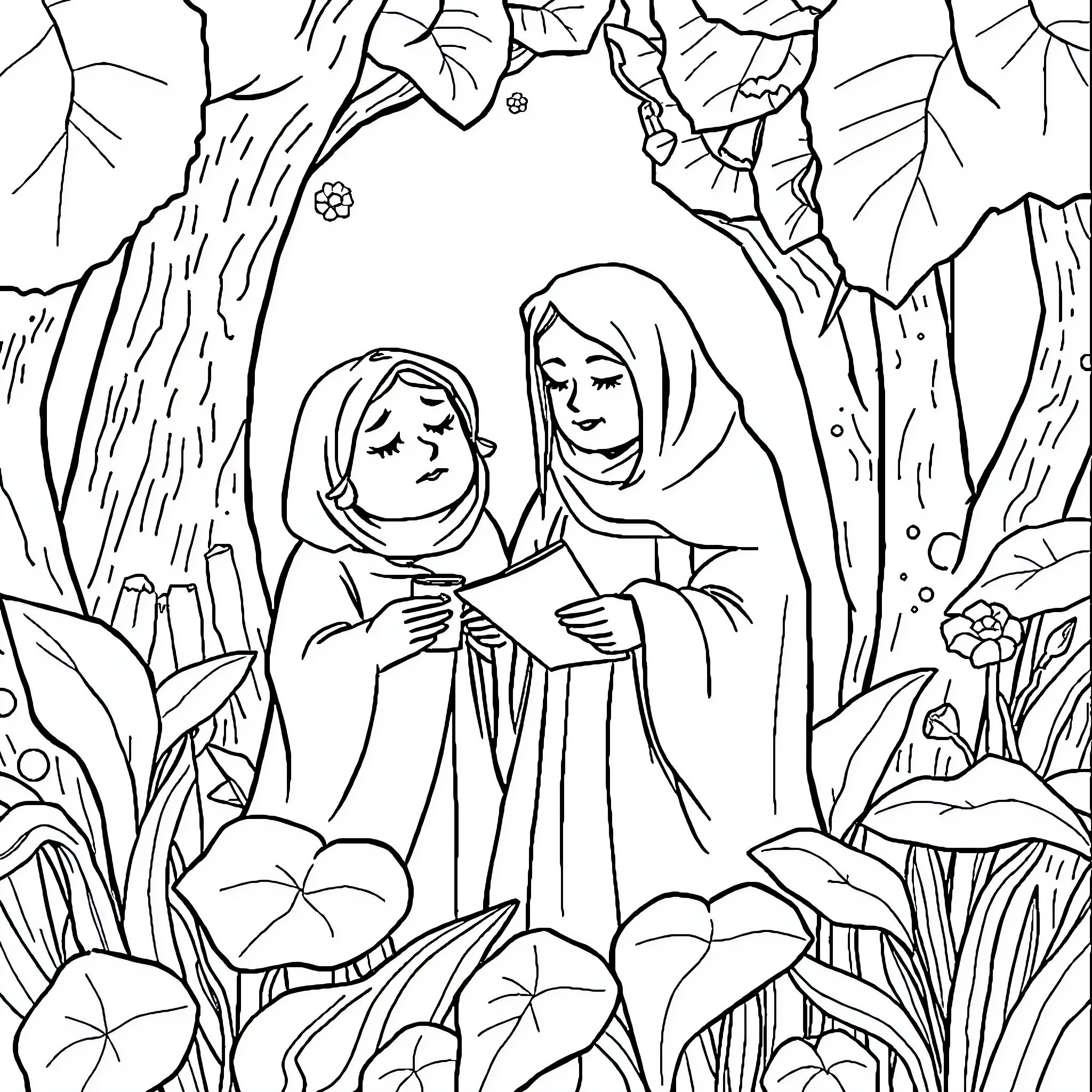 Escargot: Hooded figures in a forest clearing Coloring Page (free black-and-white line drawing printable PDF for all, from beginners to advanced learners, including children, teens, adults, and seniors)