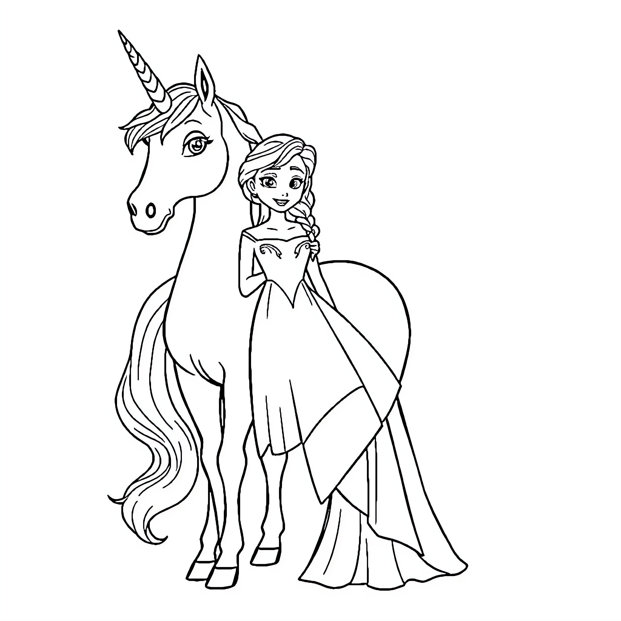 Unicorn and a Magical Princess Coloring Page (free black-and-white line drawing printable PDF for all, from beginners to advanced learners, including children, teens, adults, and seniors)