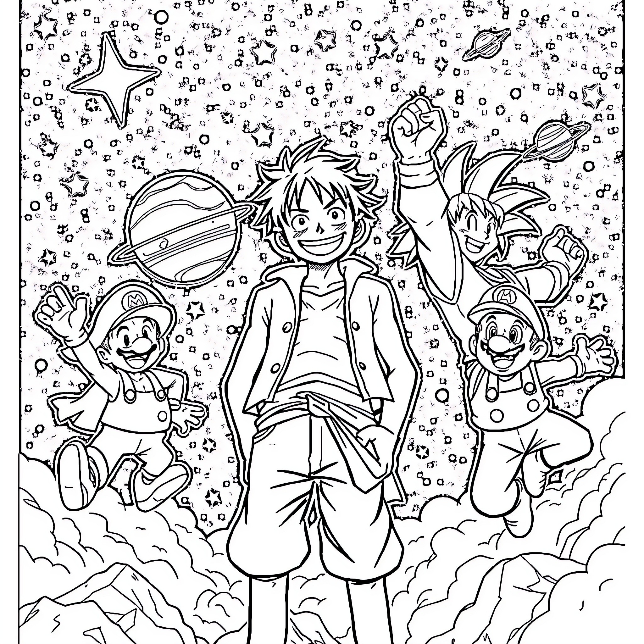 Character's Galactic Adventure with Alien Friends Coloring Page (free black-and-white line drawing printable PDF for all, from beginners to advanced learners, including children, teens, adults, and seniors)