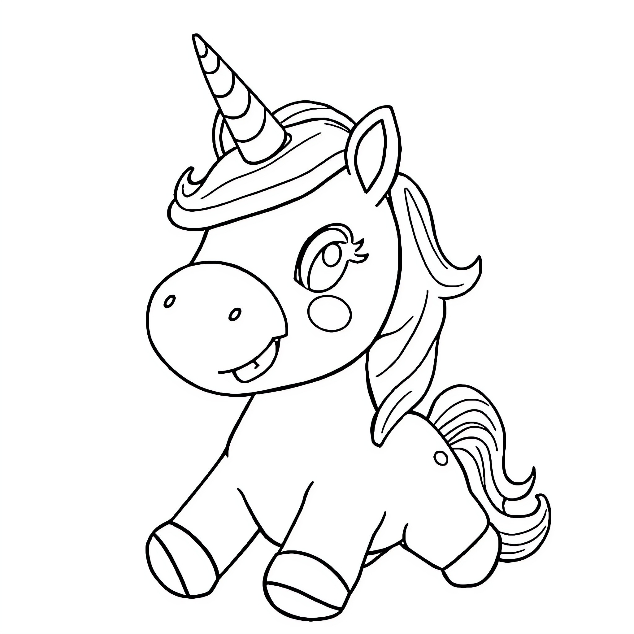 Unicorn smiling and gazing happily Coloring Page (free black-and-white line drawing printable PDF for all, from beginners to advanced learners, including children, teens, adults, and seniors)