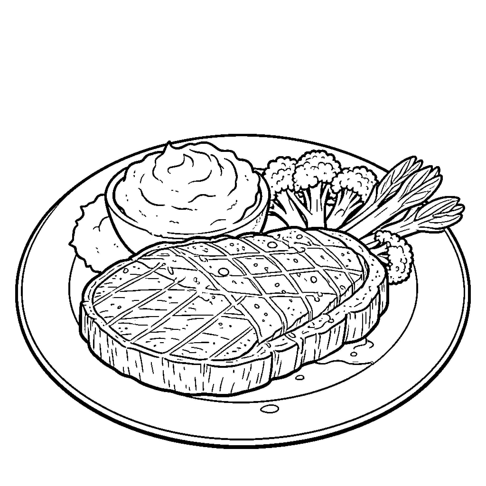 Steak with side dishes on plate Coloring Page (free black-and-white line drawing printable PDF for all, from beginners to advanced learners, including children, teens, adults, and seniors)