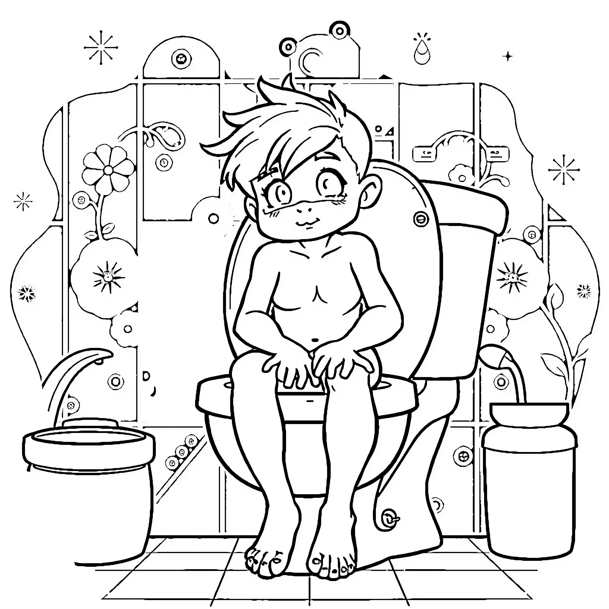 Toilet Time with Playful Expressions Coloring Page (free black-and-white line drawing printable PDF for all, from beginners to advanced learners, including children, teens, adults, and seniors)