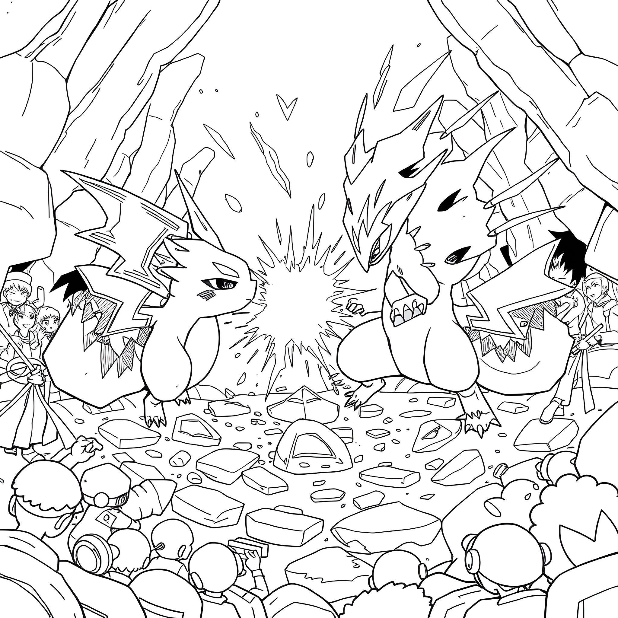 Pokémon battle in an epic rocky landscape Coloring Page (free black-and-white line drawing printable PDF for all, from beginners to advanced learners, including children, teens, adults, and seniors)