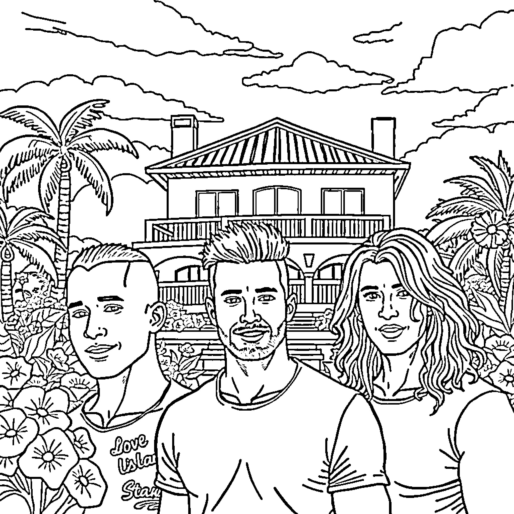 Villa with People Enjoying Outdoor Scene Coloring Page (free black-and-white line drawing printable PDF for all, from beginners to advanced learners, including children, teens, adults, and seniors)