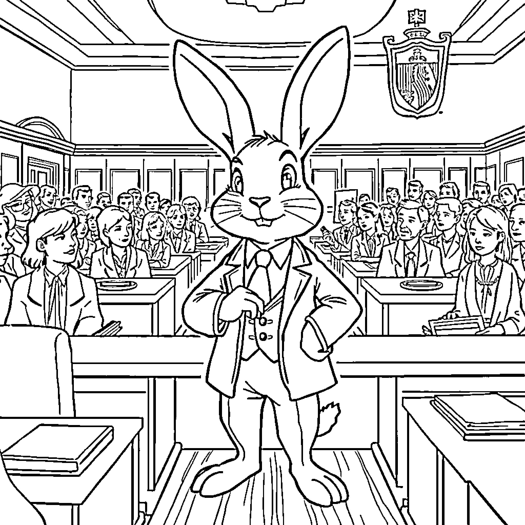 Rabbit Politician Addressing Crowd in Courtroom Coloring Page (free black-and-white line drawing printable PDF for all, from beginners to advanced learners, including children, teens, adults, and seniors)