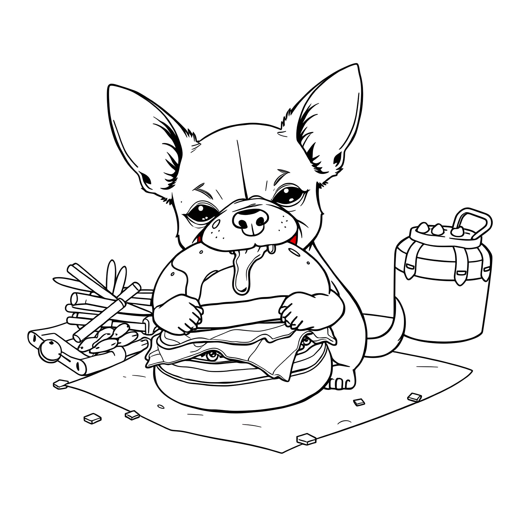 Chihuahua enjoying a tasty burger and fries Coloring Page (free black-and-white line drawing printable PDF for all, from beginners to advanced learners, including children, teens, adults, and seniors)